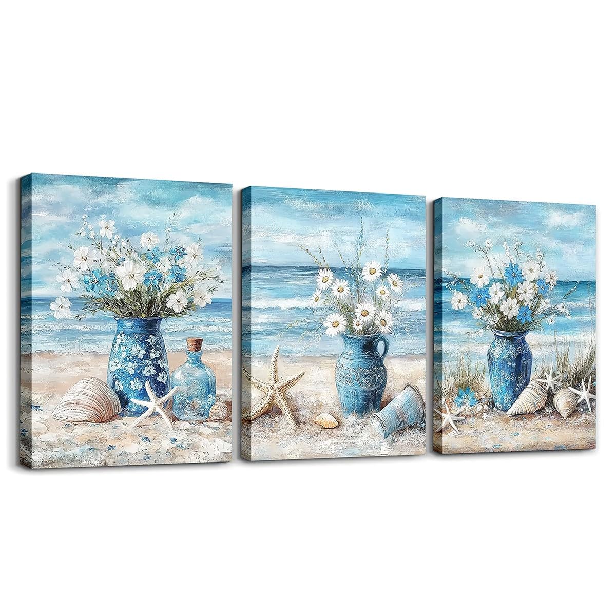 jejeloiu Blue Beach Canvas Wall Art for Living Room Bedroom 12"x16"x3pcs Daisy Flroal Picture Wall Decor for Bathroom Starfish Coastal Ocean Office Decorations Artwork Posters Ocean Marine Painting