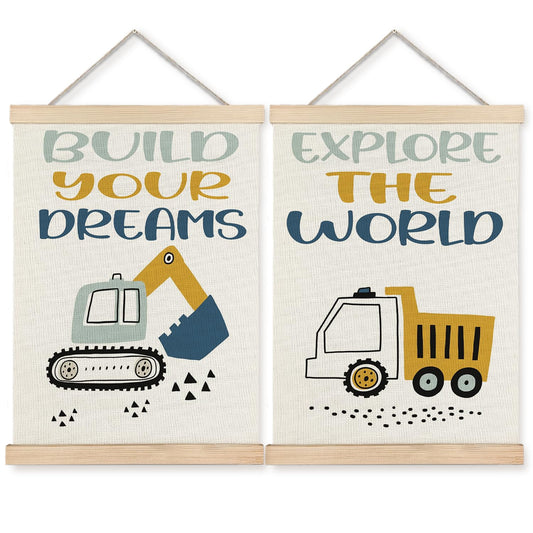 BearCake Construction Decor for Boys Room, Cartoon Excavator Truck Wall Art Poster Hanger Frame, Construction Canvas Prints Framed Wall Decor for Toddler Boy Room Playroom Nursery, 12x16 Inch Set of 2