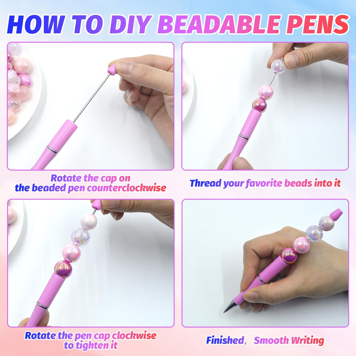 DASTTUIS 150 Pieces DIY Beadable Pen Kit – 50 Plastic Ballpoint Pens with Refills & Bags – School Supplies, Office Accessories & Decorative Items for Students & Teachers （Pink）