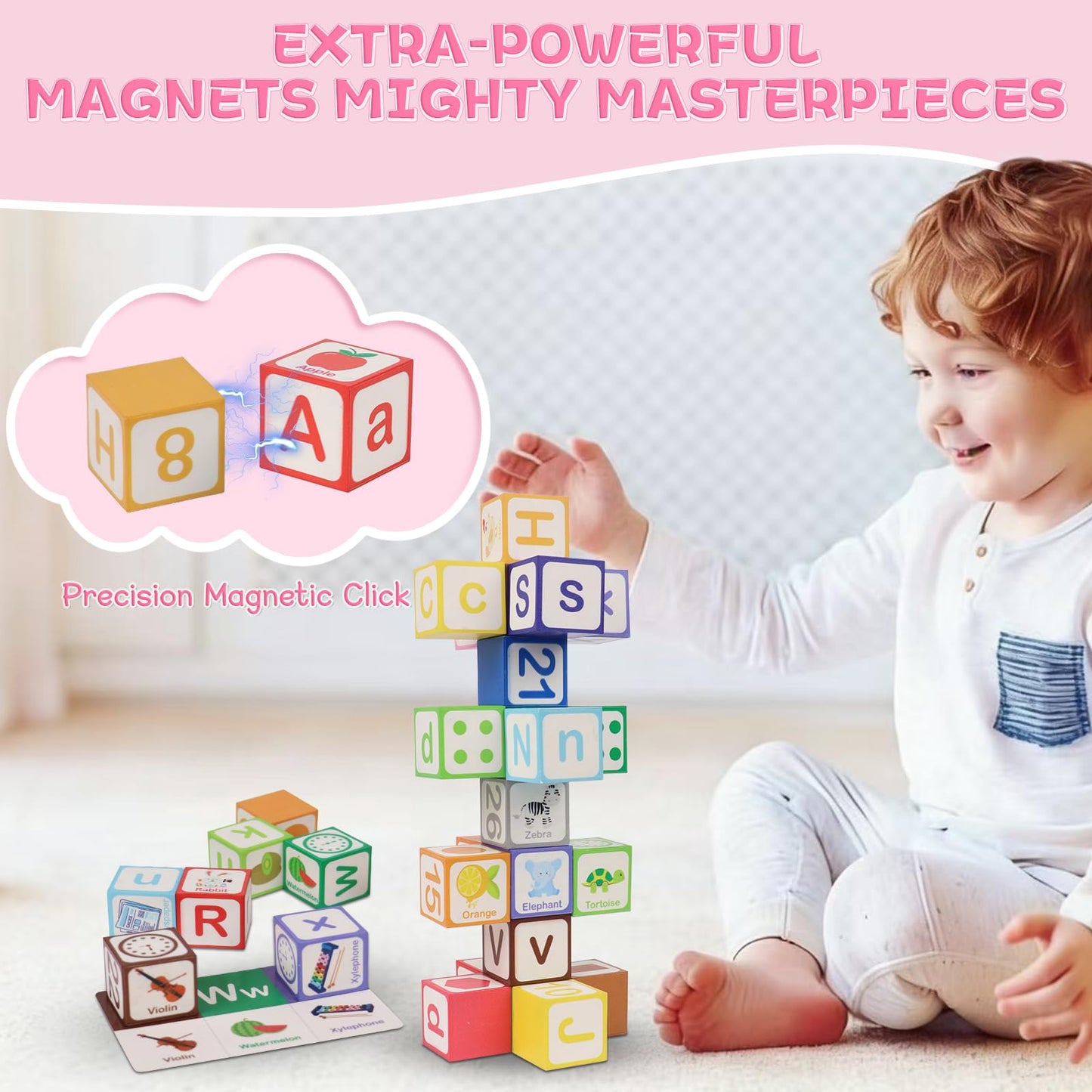 ElapseGlow Magnetic Alphabet Blocks for Toddlers 1-3, 26 PCS ABC & Number Stacking Blocks with 9 Learning Cards, Educational Montessori STEM Toys for Kids Ages 3+ ，MontessoriToys for Boys Girls Gifts