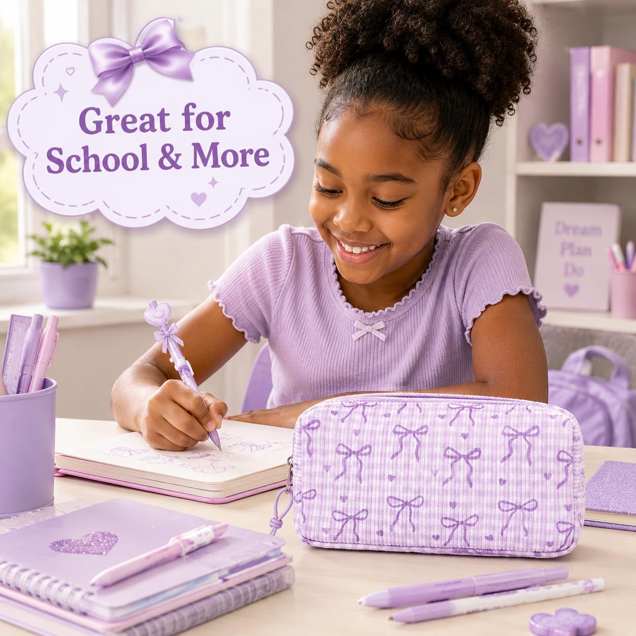 LEDAOU Cute Pencil Case for Kids Girls Boys Pencil Pouch kawaii Pen Pencil Box Bag Holder for School Students (Corduroy -Bow Purple)