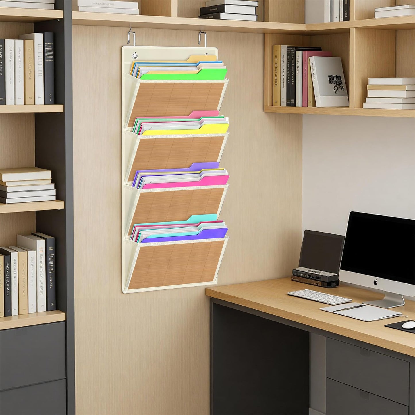 VERONLY Over the Door File Organizer - Hanging Wall Mounted File Folders Storage with 5 Extra Large Pockets for Home, 0ffice, Classroom,Chart Papers, Files, Letters,Planner, Documents (Beige)