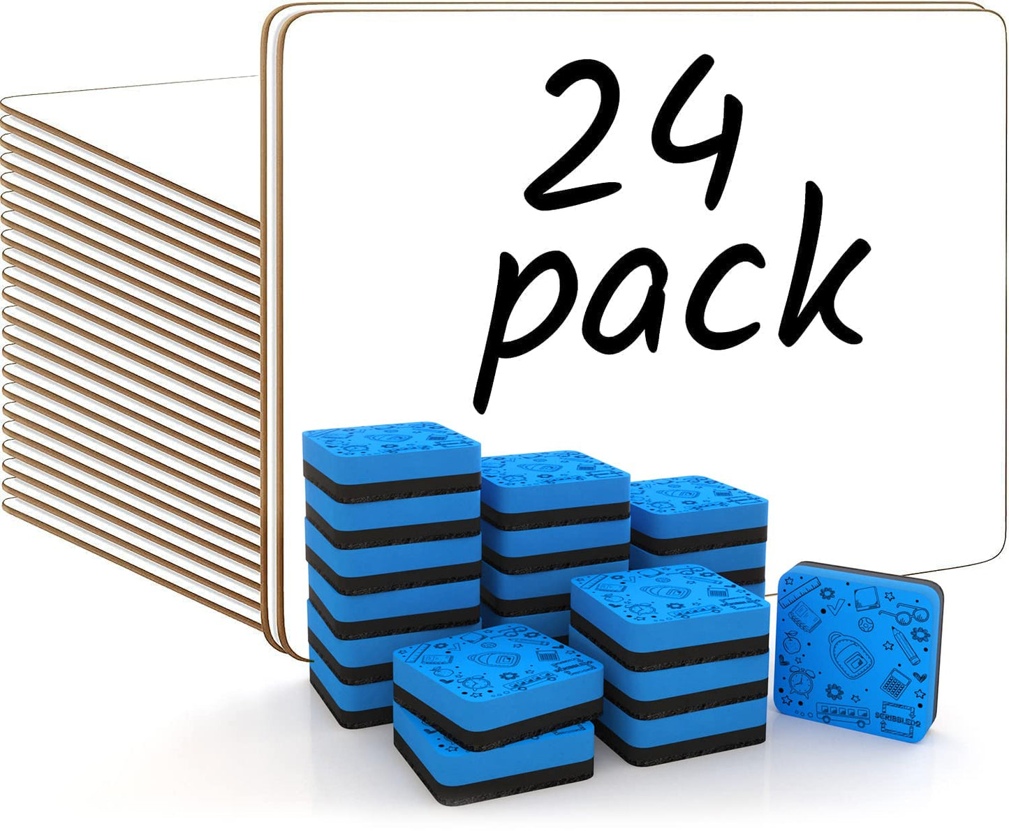 Scribbledo 24 Pack Small Dry Erase Boards for Students, Mini White Boards 9 x 12 Double Sided, Classroom Whiteboards for Kids, School, Teachers Student Lapboards with 24 Erasers
