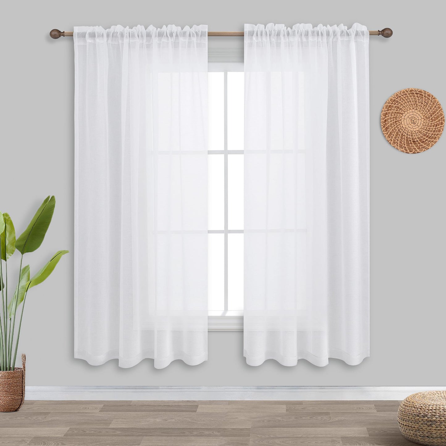 KOUFALL White Semi Sheer Curtains 63 Inch Length for Bedroom Pair Set 2 Panels Rod Pocket Translucent Light Filtering Faux Linen Textured Solid Privacy Curtains Sheer for Closet Wide 52x63 in Long