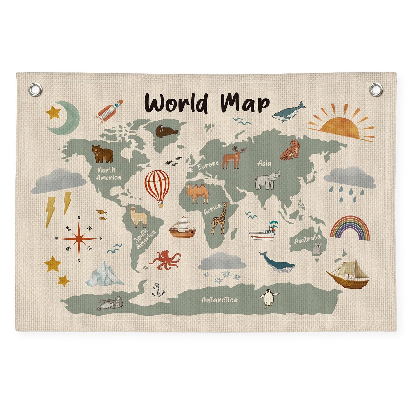 Wheatwin World Maps for Wall, Kids World Map Banner, Cute Animal World Map Educational Tapestry Wall Hanging Banner Flag Decor for Kids Room Classroom Playroom