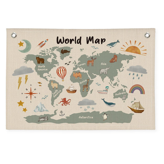 Wheatwin World Maps for Wall, Kids World Map Banner, Cute Animal World Map Educational Tapestry Wall Hanging Banner Flag Decor for Kids Room Classroom Playroom