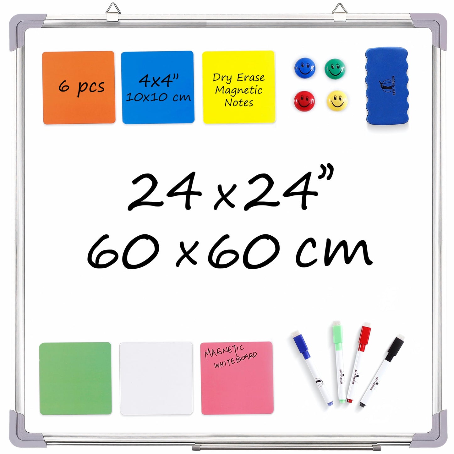 Whiteboard Set - Dry Erase Board 24 x 24 in with 1 Magnetic Eraser, 4 Dry Wipe Markers, 4 Magnets and 6 Magnetic Labels - Wall Hanging Reminder Kanban White Board for Home and Office (24x24 inch)