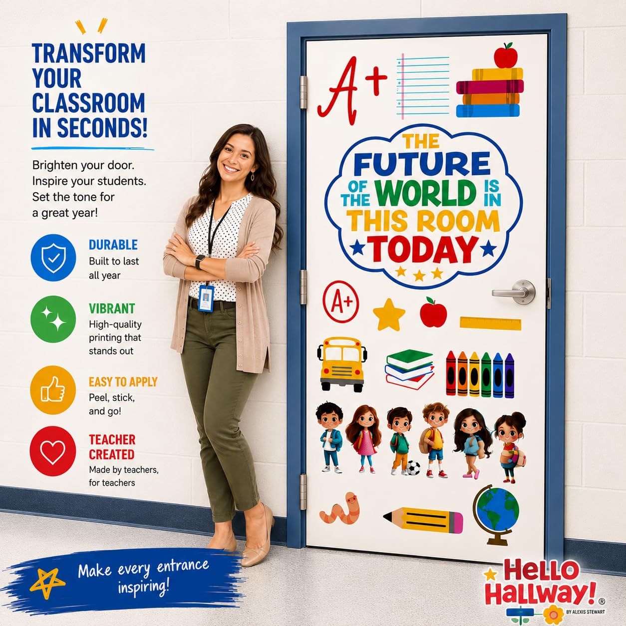 Hello Hallway Classroom Door Decorations for Teachers Seasonal Holiday 4-Pack Value | Peel & Stick Reusable Door & Whiteboard Decor | Preschool Pre-K Kindergarten | Teacher Supplies