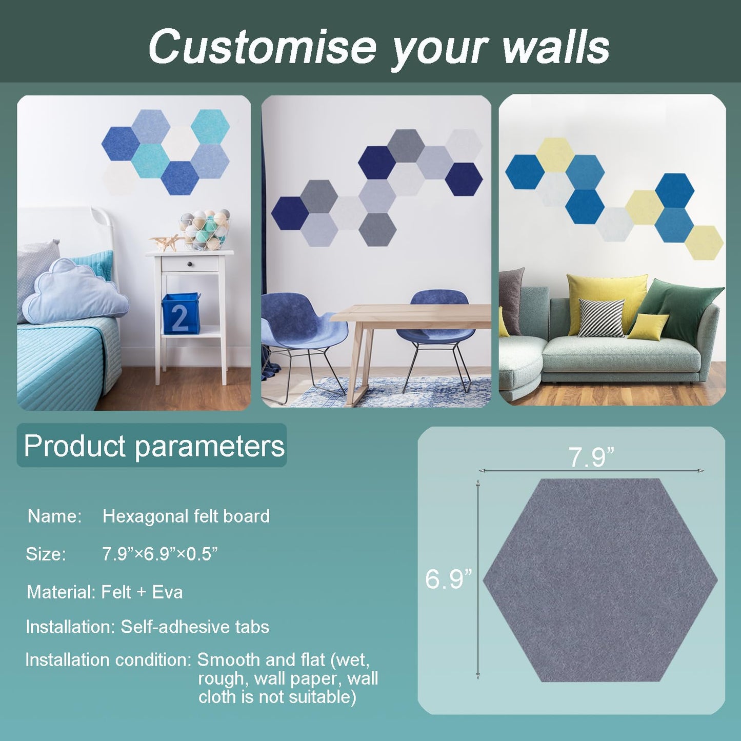 Afumazi Felt Bulletin Board Tiles, 8 Pcs Hexagon Wall Tiles with Removable Adhesive, 7.9×6.9 Inch Cork Pin Board for Classroom, Home, Office (Set G, Middle)