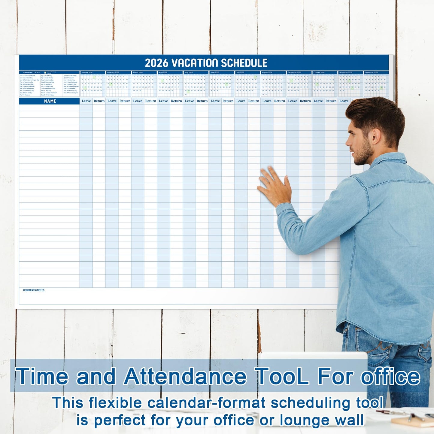 Lincia Large Magnetic 2026 Full Yearly Vacation Board Schedule Dry Erase Wall Planner Calendar Reusable Project Office Whiteboard 24" x 36" Vacation Calendar for Management, Planning, Organizing