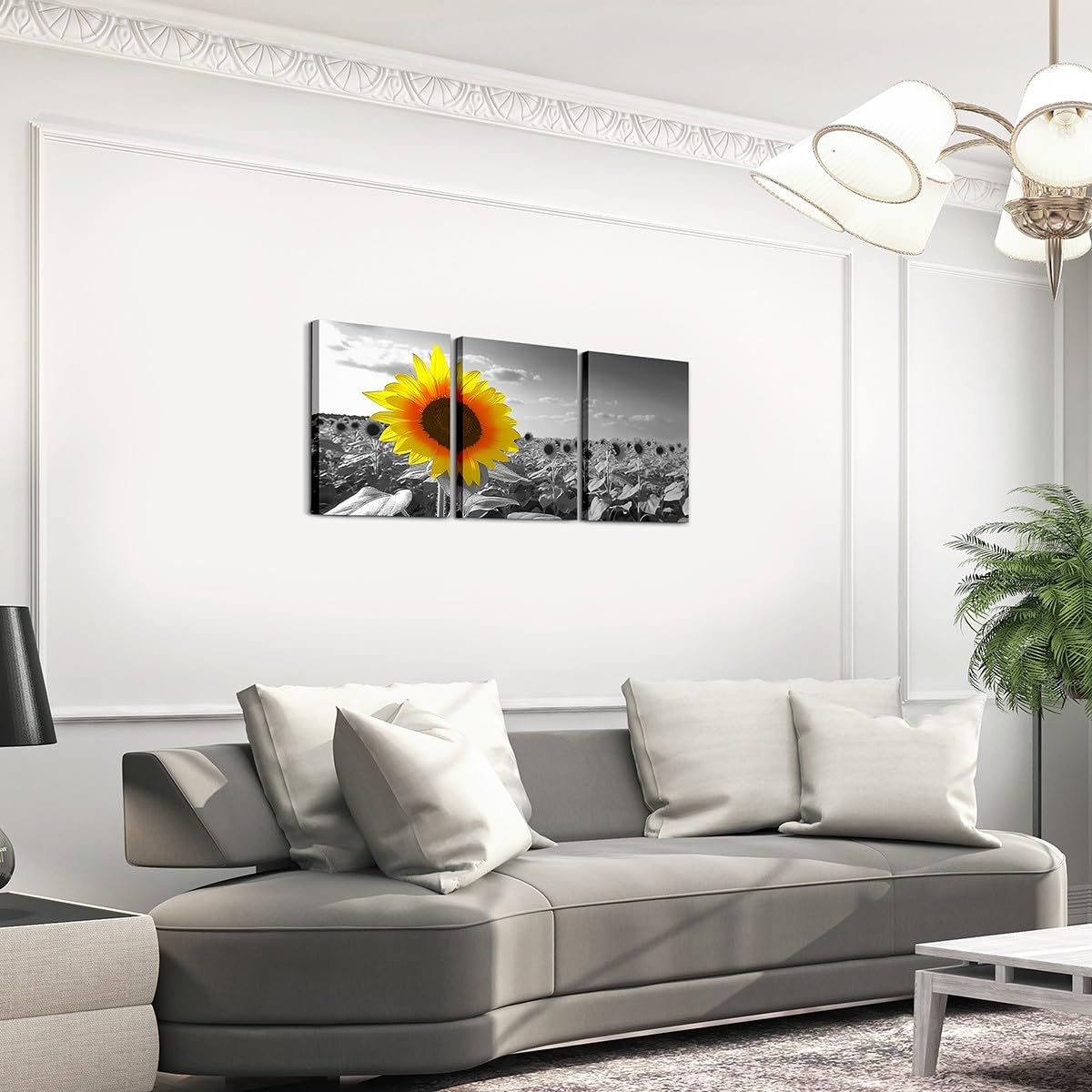 jejeloiu Sunflower Canvas Wall Art for Living Room Bedroom 12"x16"x3pcs Yellow Flowers Picture Wall Decor for Bathroom Black and White Office Decorations Artwork Posters Natural Scenery Painting
