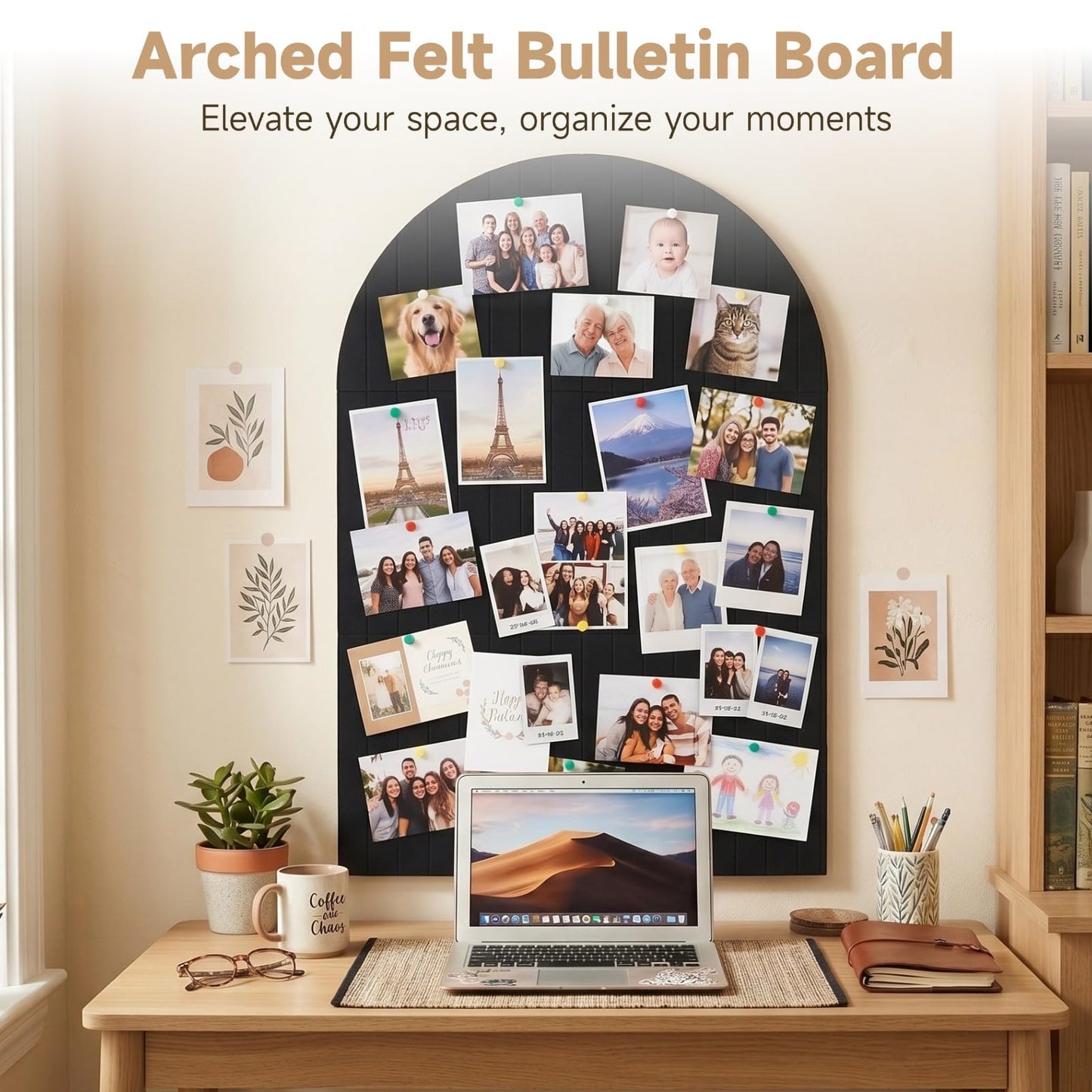 Arched Felt Bulletin Board - 47.2" x 31.5"x 0.31" Striped Cute Cork Boards with 30 Pushpins, Reusable Self-Adhesive Modular Panel for Office Home Decor & Photo Display (Black)