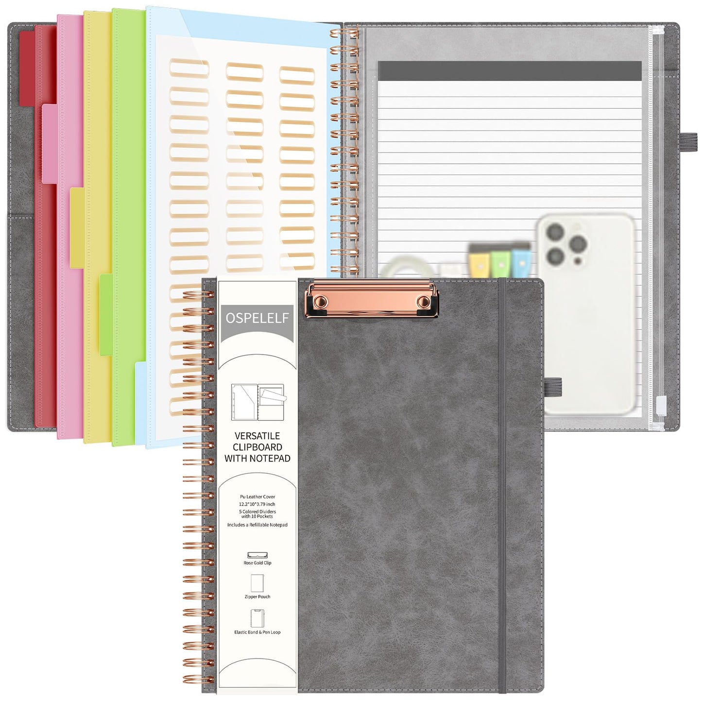 Ospelelf Grey Foldable Clipboard Folio with with Storage Zipper Pouch, Leather Spiral Clipboard Folder with Notepad, 5 Plastic Folders with 10 Pockets, 39 Divider Label Stickers, Pen Loop Series
