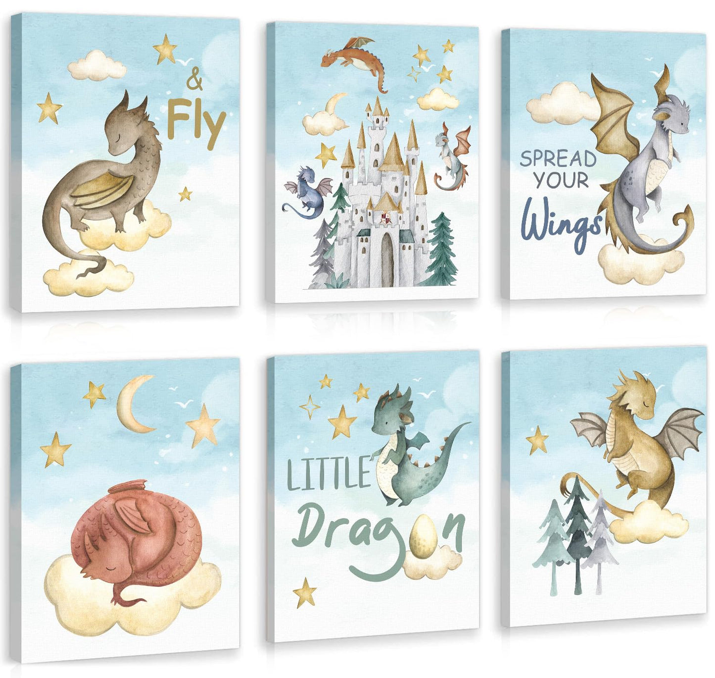 CHDITB Little Dragon Wall Art, Spread Your Wings Framed Canvas Wall Art Set, Fantasy Dragon Decor, Magical Castle Painting, Inspiring Quote Art Prints For Kids Room Nursery Decor(12X16 Inch)