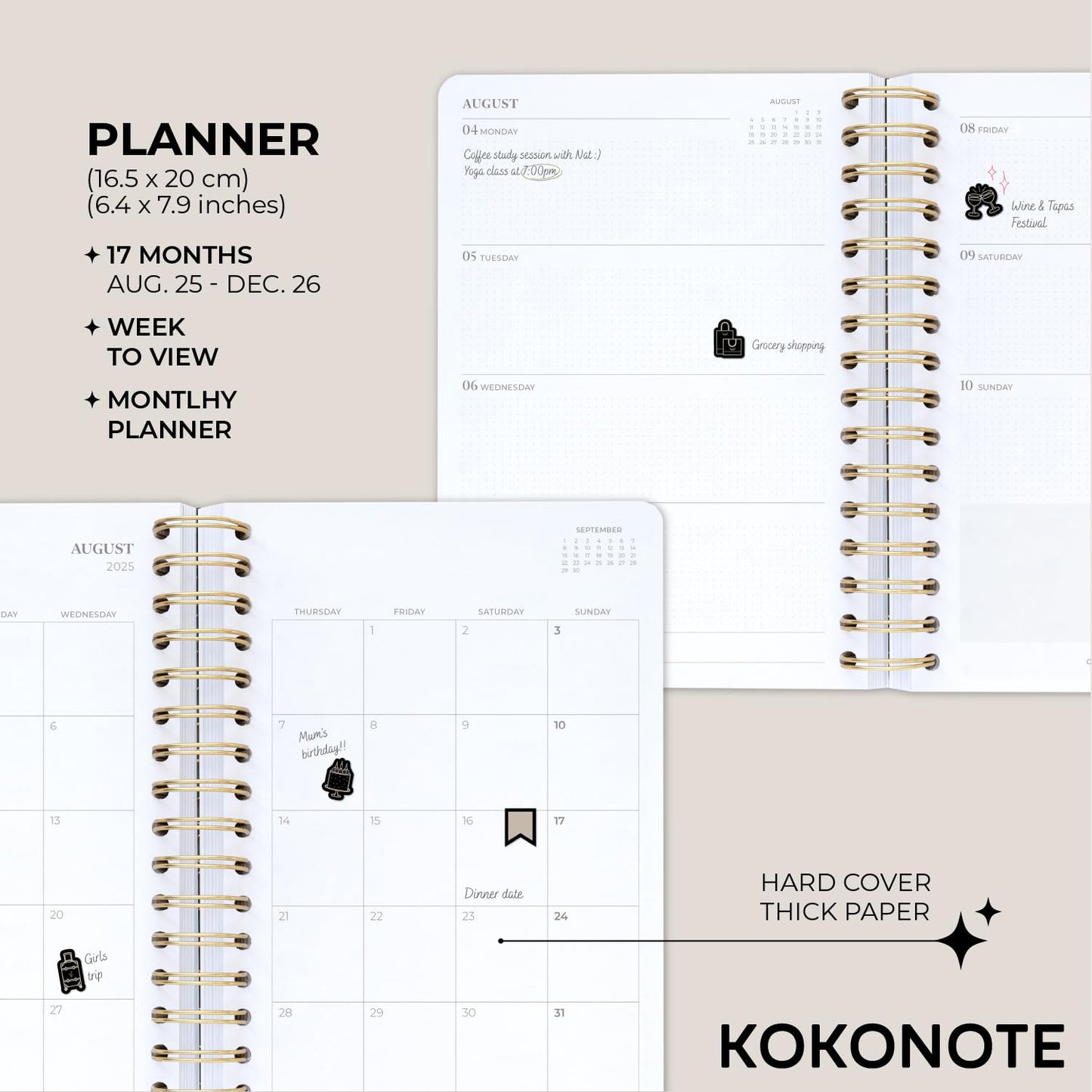 KOKONOTE Planner 2025-2026 William Morris Wall Art - Planner for Women 17 Month(Aug 25/ Dec 26) | Weekly & Monthly Academic planner 2025-2026 | 6.4" x 7.9" | Hardcover Agenda 2025 | Thick paper 120 g/m²