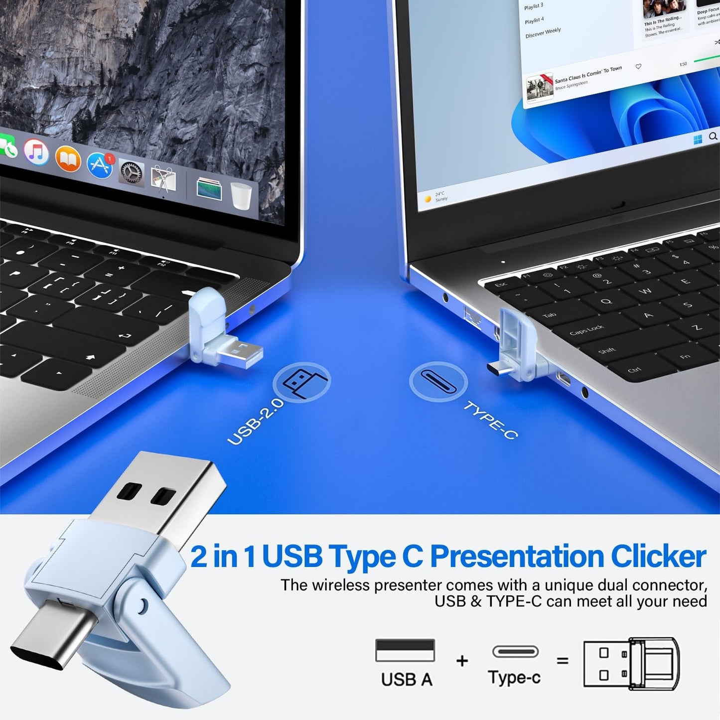 2-in-1 USB Type C Presentation Clicker, Wireless Presentation Clicker PowerPoint Presenter Remote with Volume Control, Powerpoint Clicker with Slide Advancer for Computer/Laptop/Mac,Purple