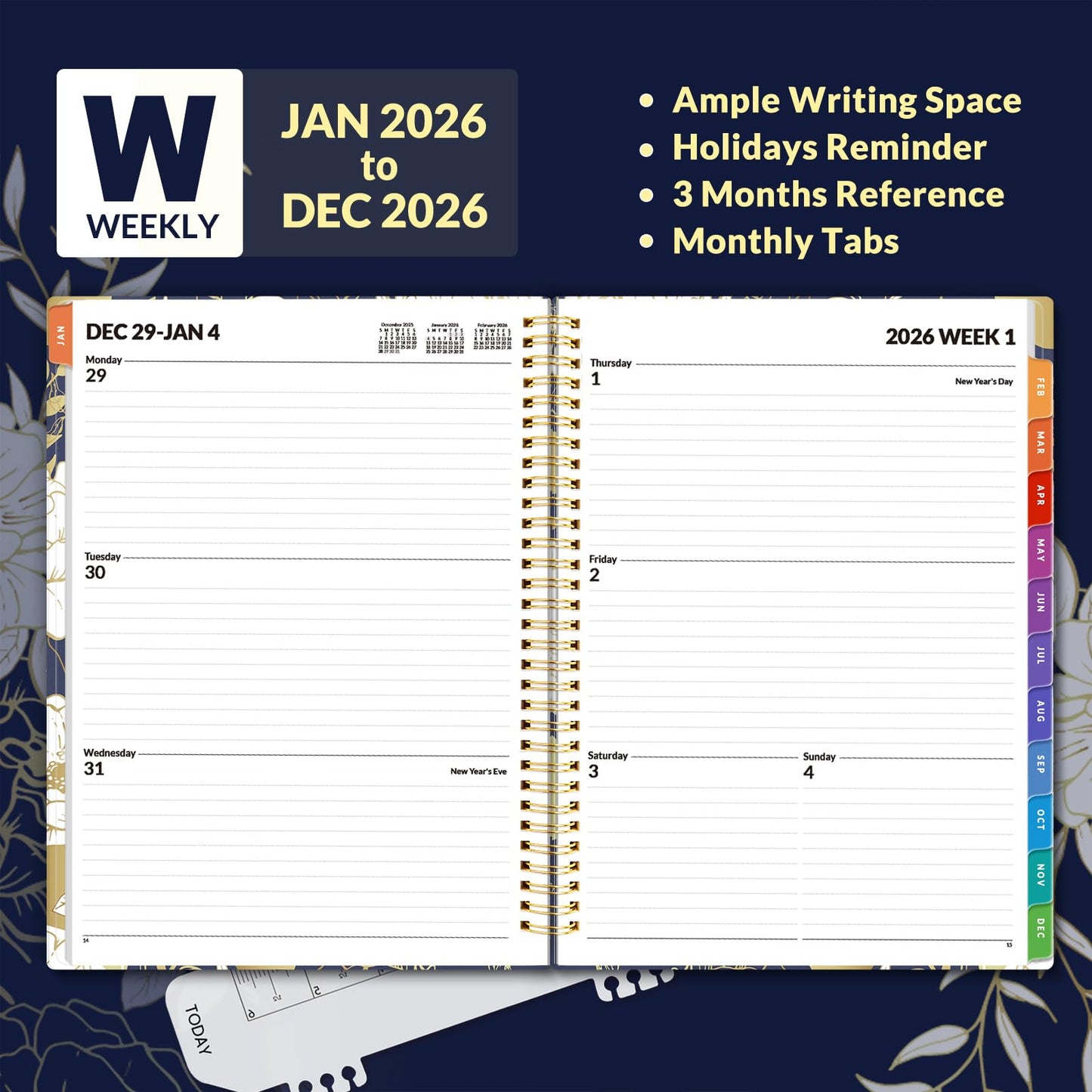 SUNEE 2026 Weekly and Monthly Planner - from January 2026 - December 2026, Daily Agenda Planner with Monthly Tab, Flexible Cover, Note Pages, Pockets, Bookmark, Spiral Binding, Vintage Floral, 8.5"x11"
