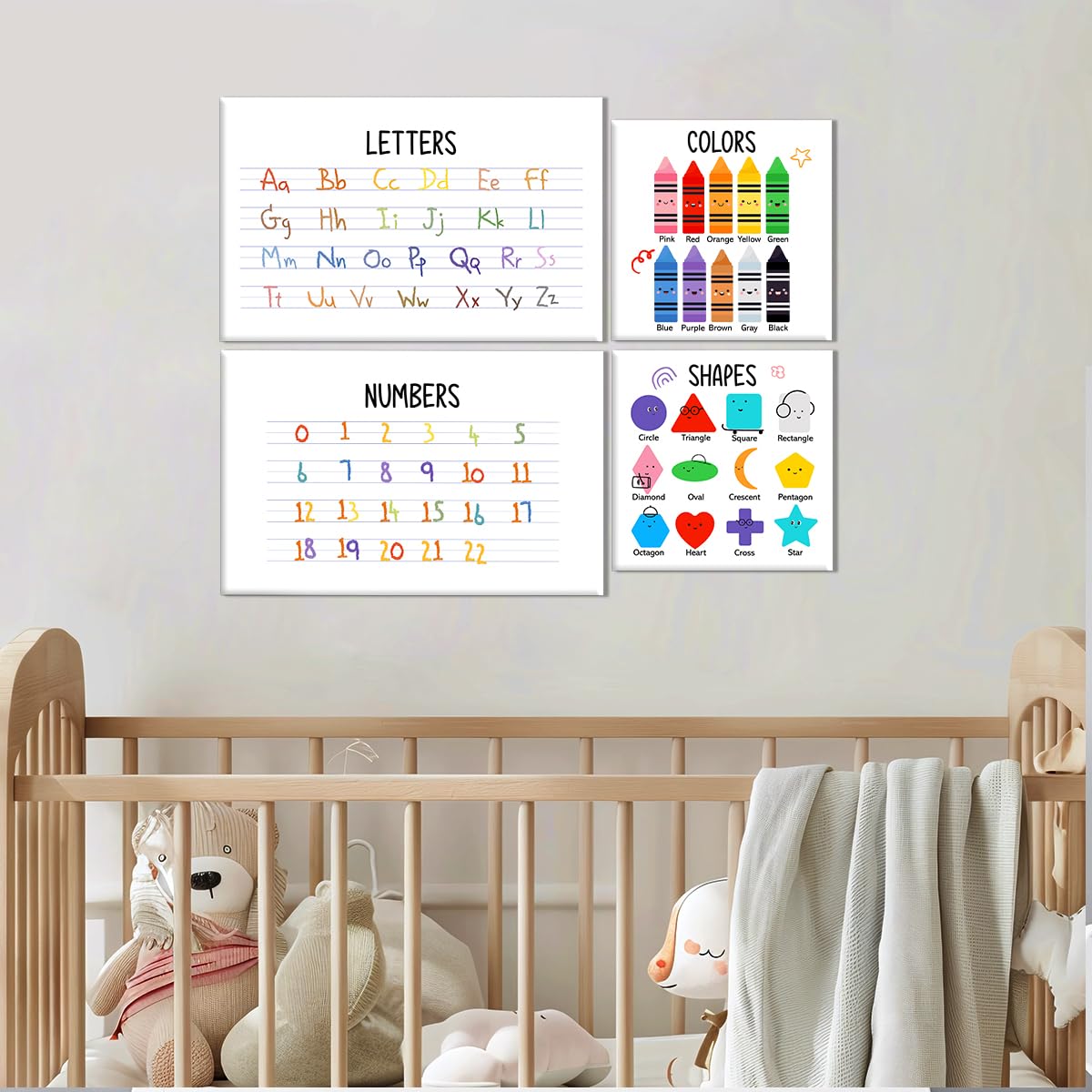 Colourful Alphabet Educational Wall Decor,Abc Chart Number Chart Educational Wall Art Canvas Frame Poster Print for Classroom Homeschool Nursery Wall Decor Set of 6