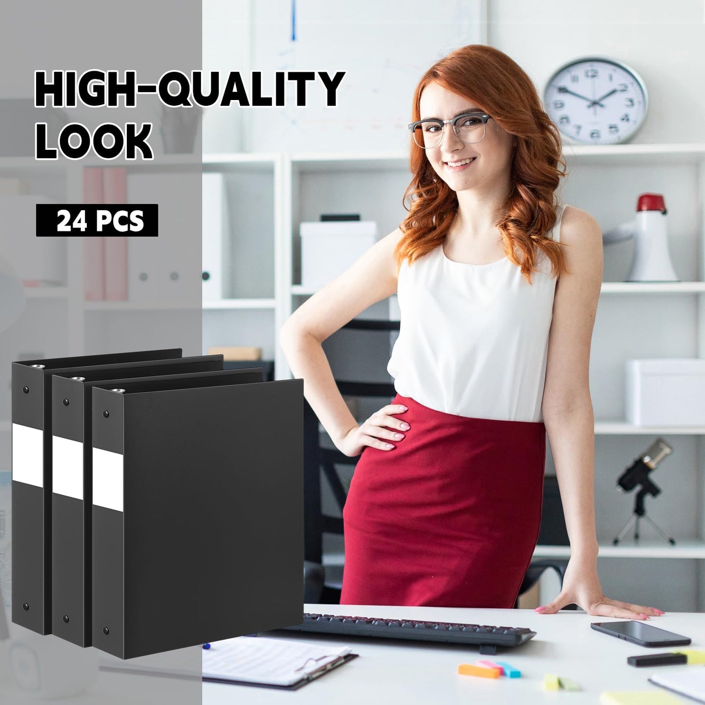 Henoyso 24 Pcs Black 1.5" 3 Ring Plastic Binder Bulk, 1 1/2 Inch Soft Flexible Binders Round Rings, Fits Letter Size 8.5'' x 11'' Paper, Holds 350 Sheets, for School Office (1.5 Inch)