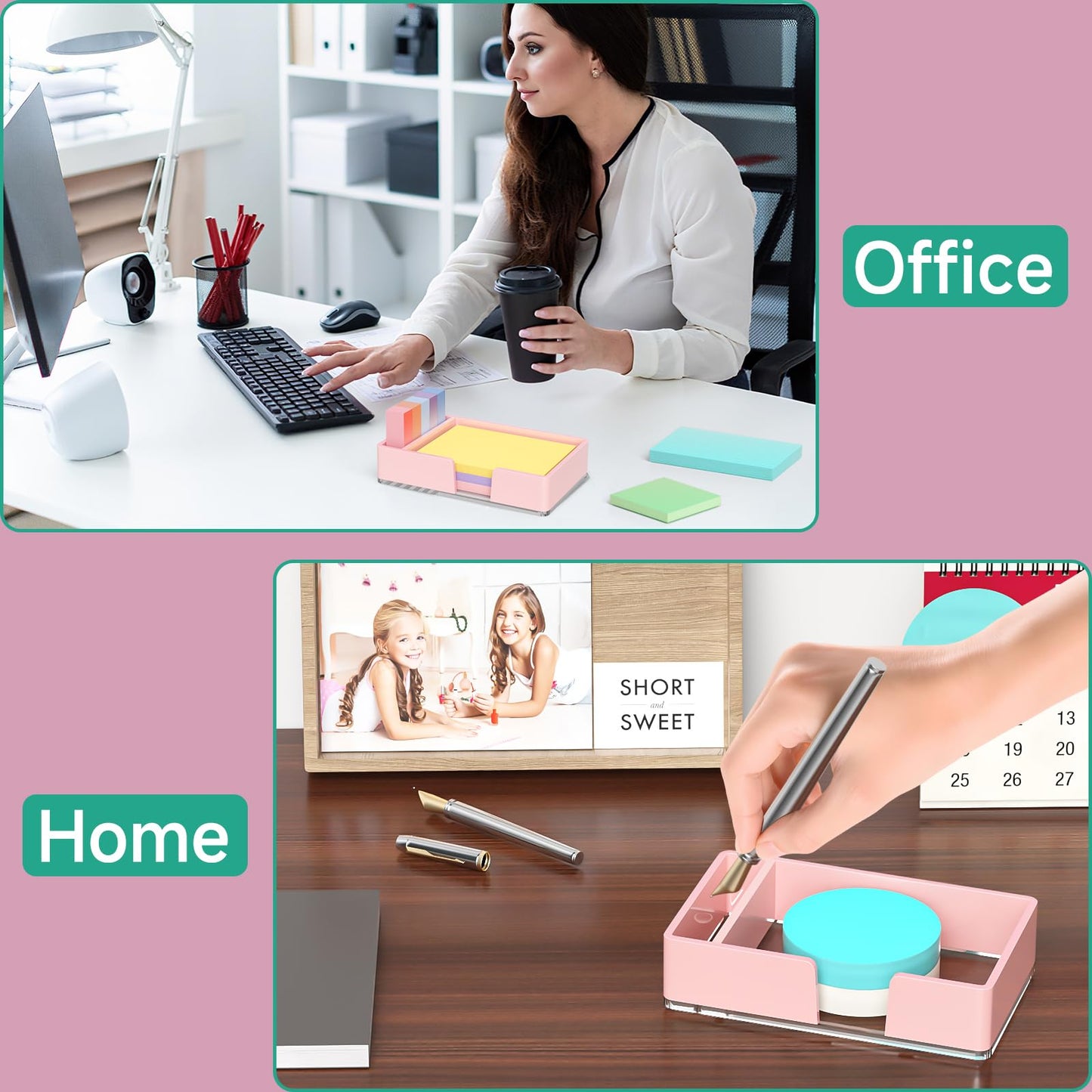 Kucle Sticky Note Holder with Pen Slot, Pink Acrylic Notepad Holder 4x6 in Self-Stick Note Dispenser Office Desk Accessories, Memo Pad Holder Organizer for Classroom School Supplies