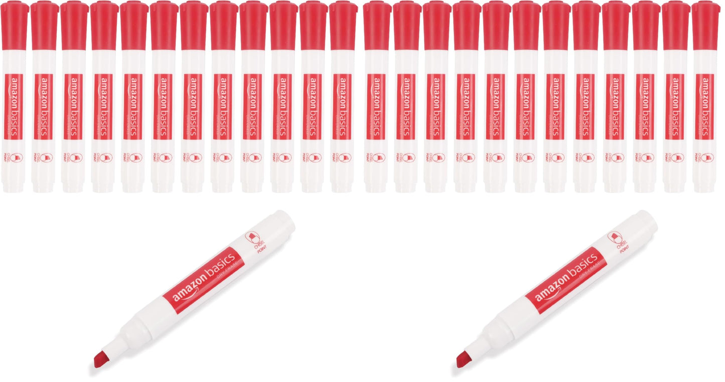 Amazon Basics Dry Erase Whiteboard Markers, Chisel Tip, Low-Odor, Red, 24-Pack, For Writing on Whiteboards