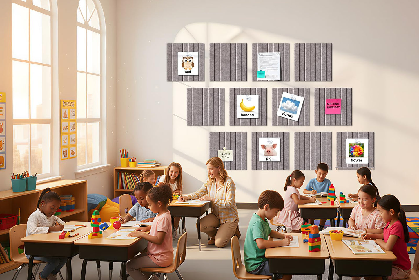12 Pack Bulletin Boards 48" x 36" Alternative Cork Board for Office,Built-in Storage Device，Large Cork Boards for Walls ， Felt Wall Tiles, Contains Removable Security Stickers and PushPins (V-Gray)