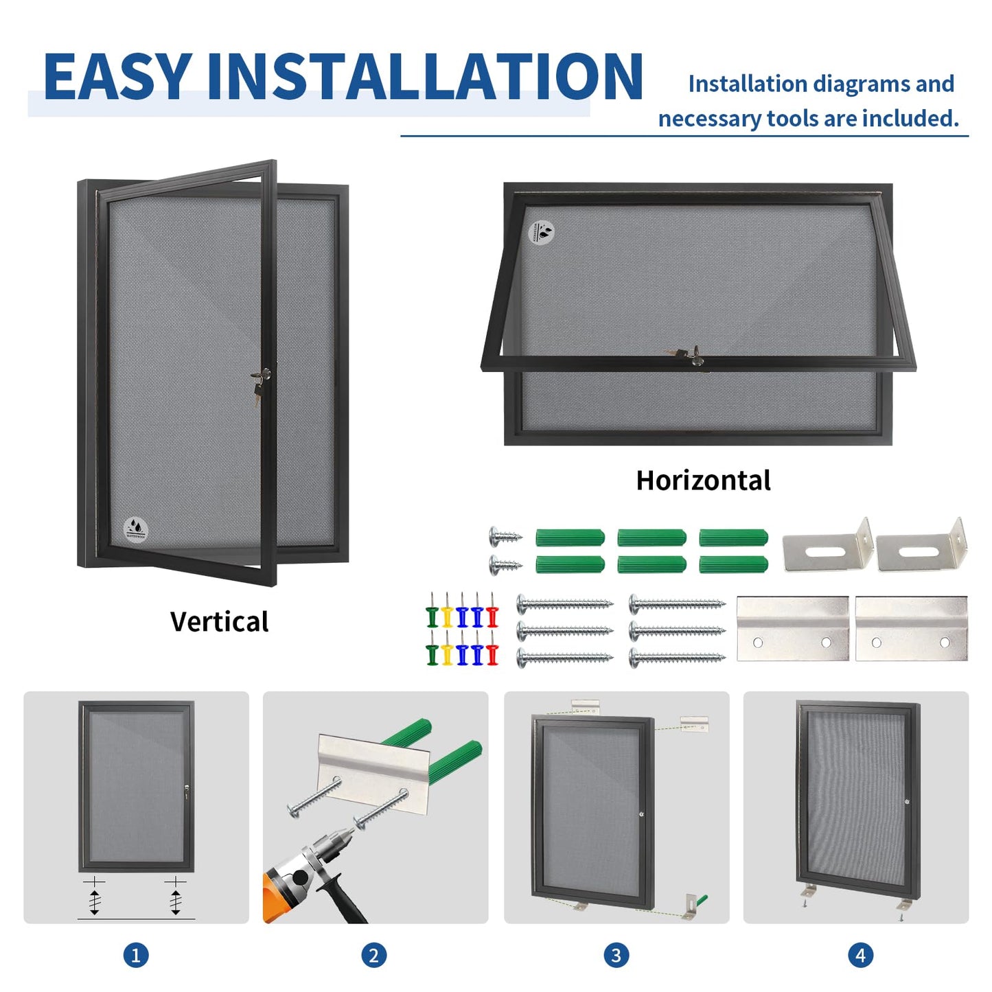 Outdoor Weatherproof Enclosed Fabric Bulletin Board,Noticeboard Case with Lockable Glass Door, Grey Felt,Black Aluminum Frame, 36x24 Inch (5xA4)