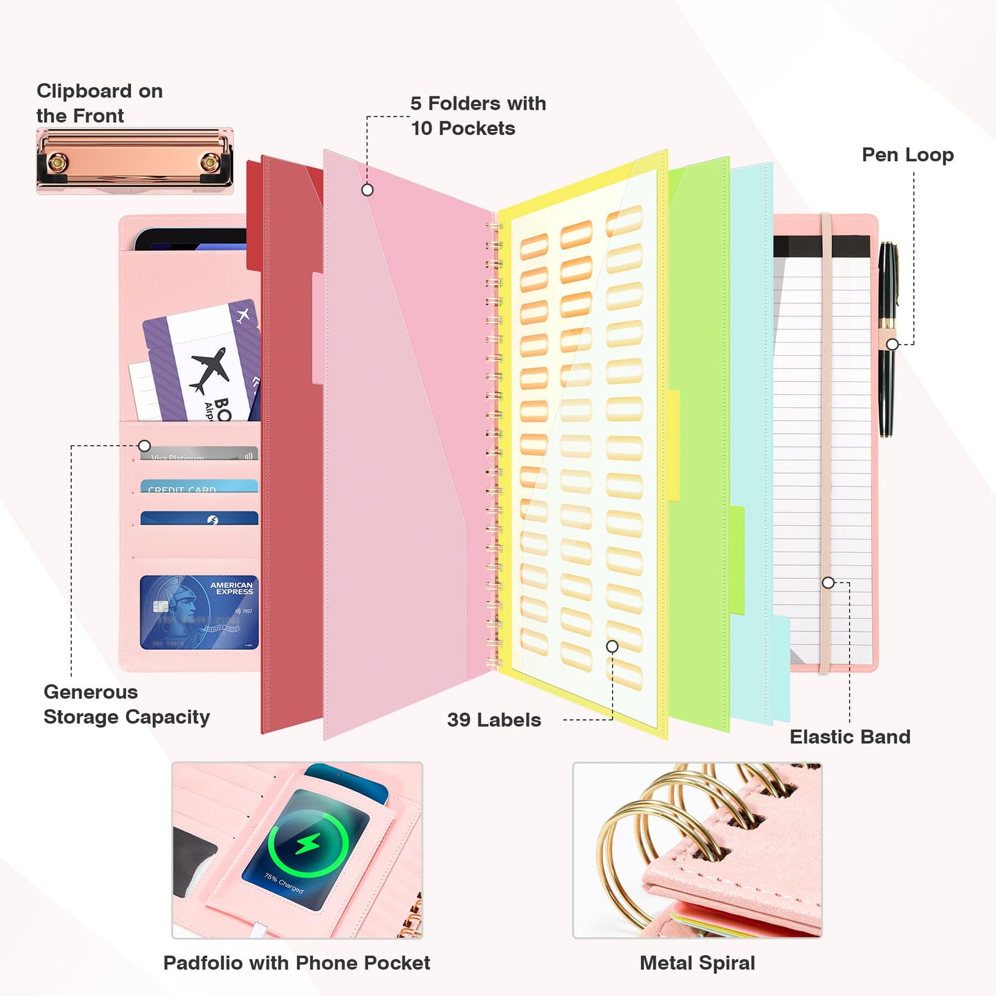 Clipboard with Storage for Men Women, Leather Padfolio Portfolio Organizer 5 Folders with 10 Pockets, Spiral Clipboard Folio with Notepad for Letter Size, Elastic Closure and Pen Loop Pink