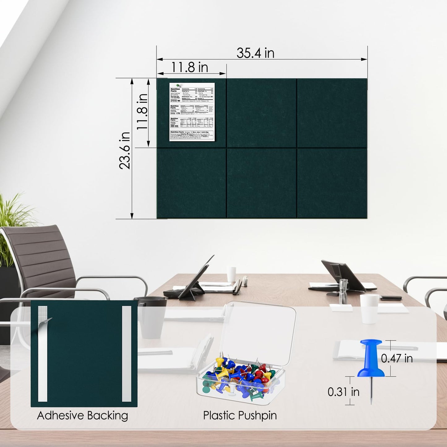 MaxGear Large Cork Board for Wall 36" x 24", Dark Green Bulletin Board, 6 Pack Felt Wall Tiles with Pushpins, Cork Boards for Office Push Pin Board Tack Board Felt Board
