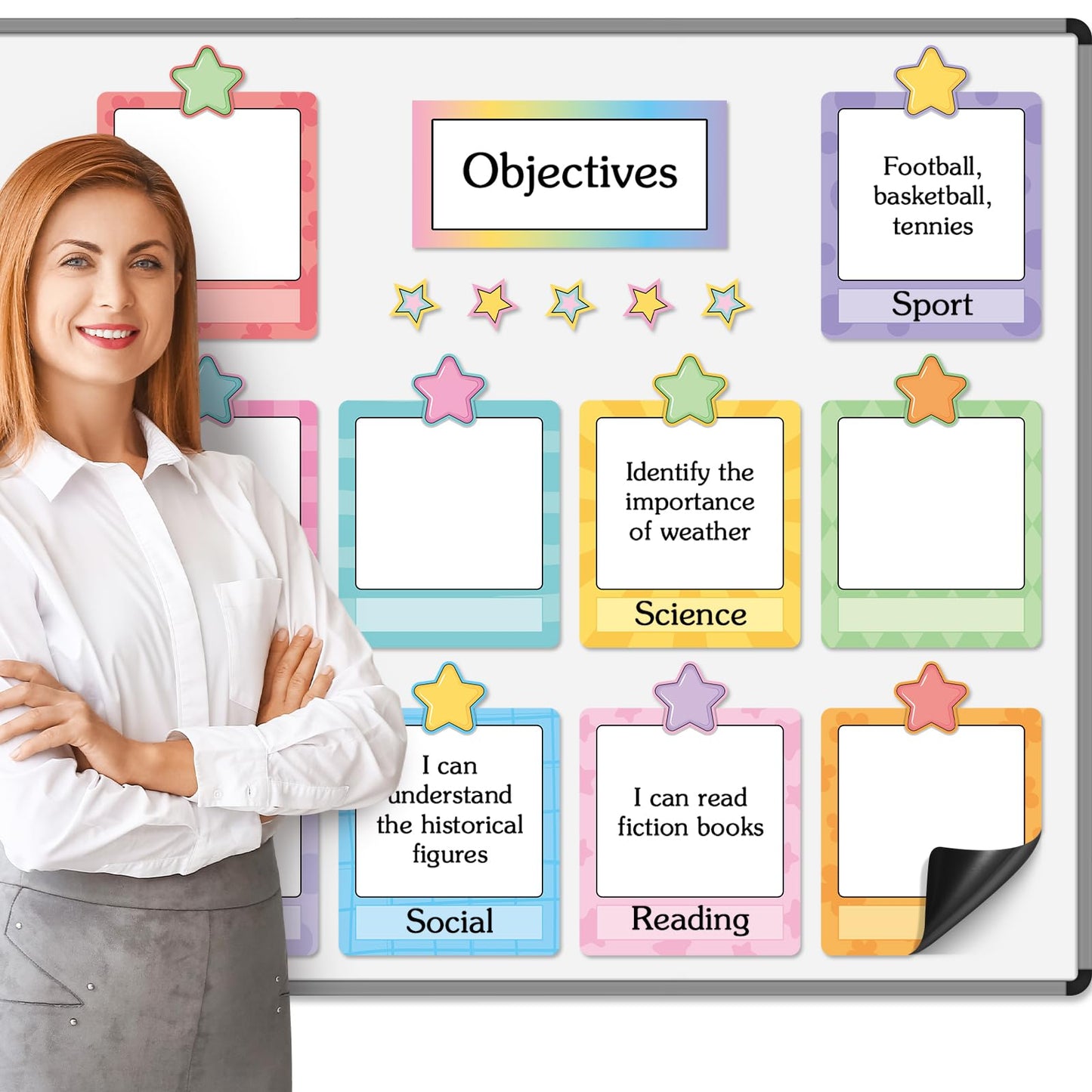 Trandraft 16 Pcs Magnetic Write Wipe Organization Chart Classroom Dry Erase Labels Learning Objectives Board for Whiteboard Goals Targets Classroom Teaching Supplies(Stars)