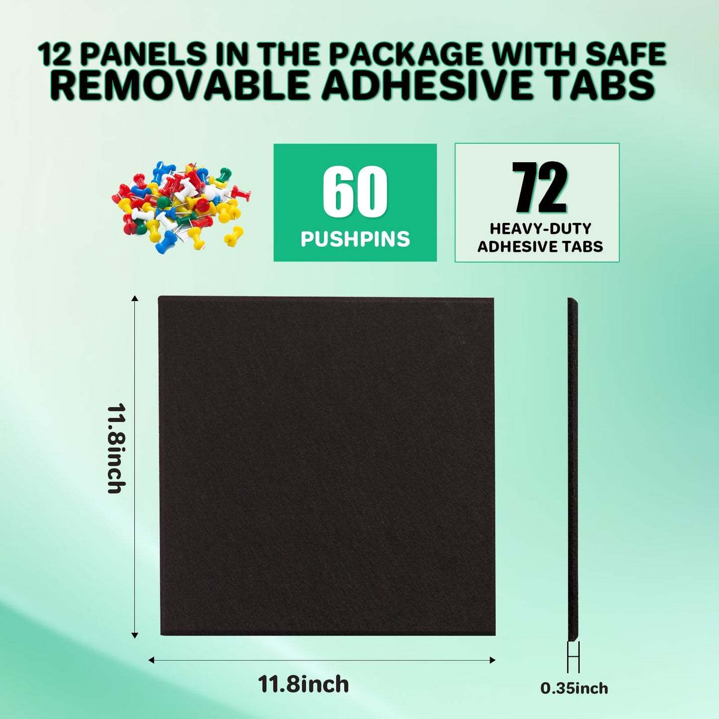 Large Felt Bulletin Board for Walls, 48" x 36" Black Bulletin Board 12 Pack Cork Board with 72 Safe Removable Adhesive Tabs, Bulletin Boards for Home Office Classroom (12Pack-Black)