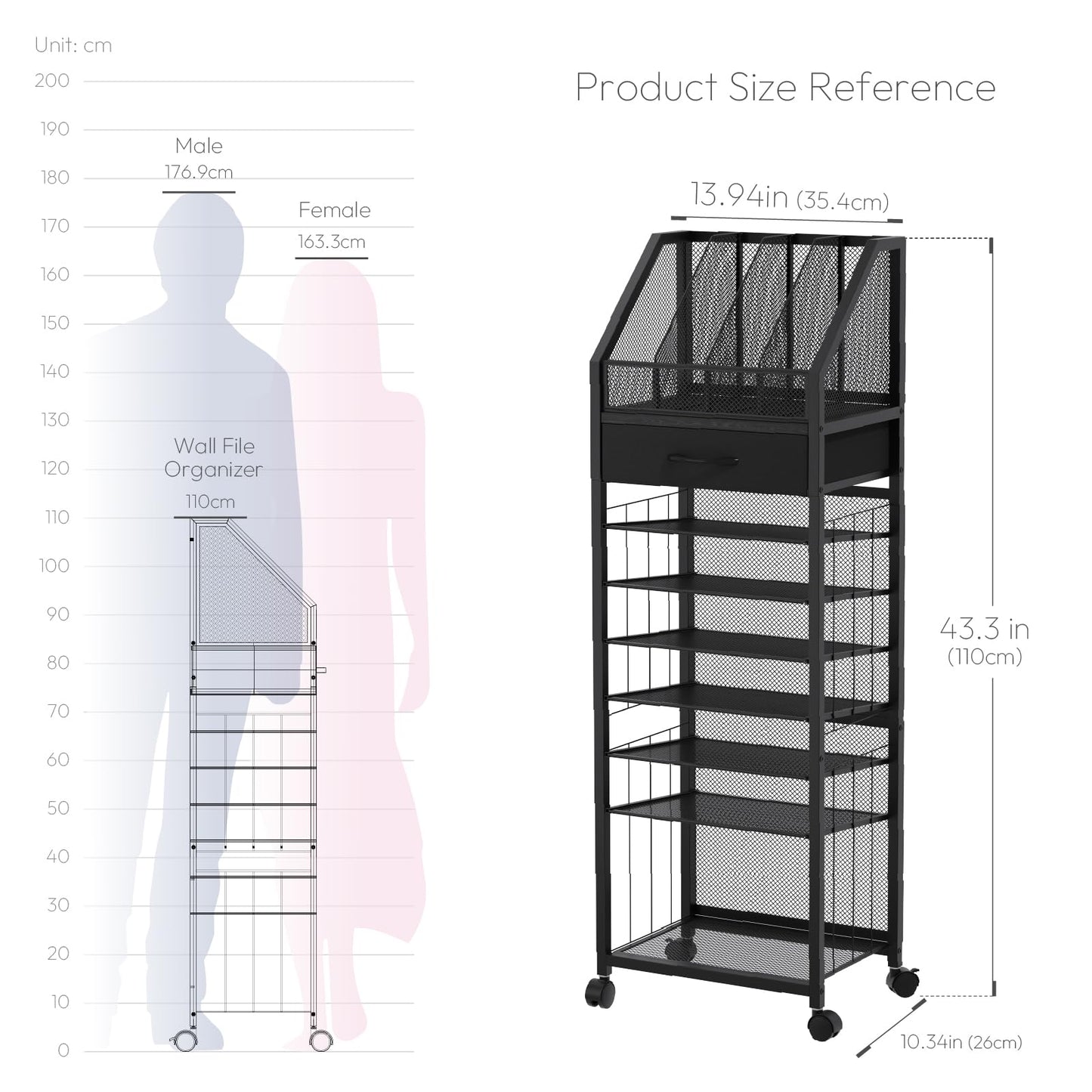 SWTYMIKI 9-Tier Rolling File Cart - Paper Organizer with Drawer and Trays, Wood Desk Office Organizer, Office Organization and Binder Storage for Workspace, Home, School, Black