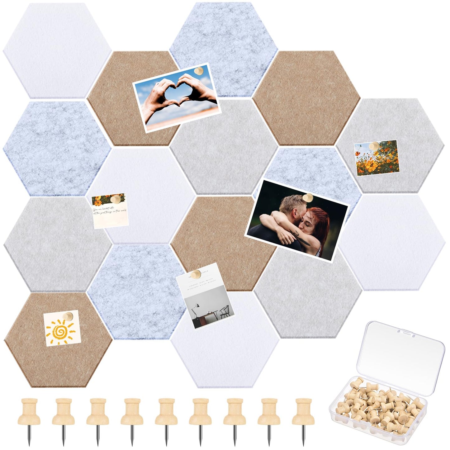 Mindsoft 16 Pcs Hexagon Cork Board for Walls with 50 Wooden Push Pins 6.7 x 5.9 in Felt DIY Tiles Notice with Nano Tape Hanging Bulletin Board for Home Photo Office Memo Note(Light Camel)