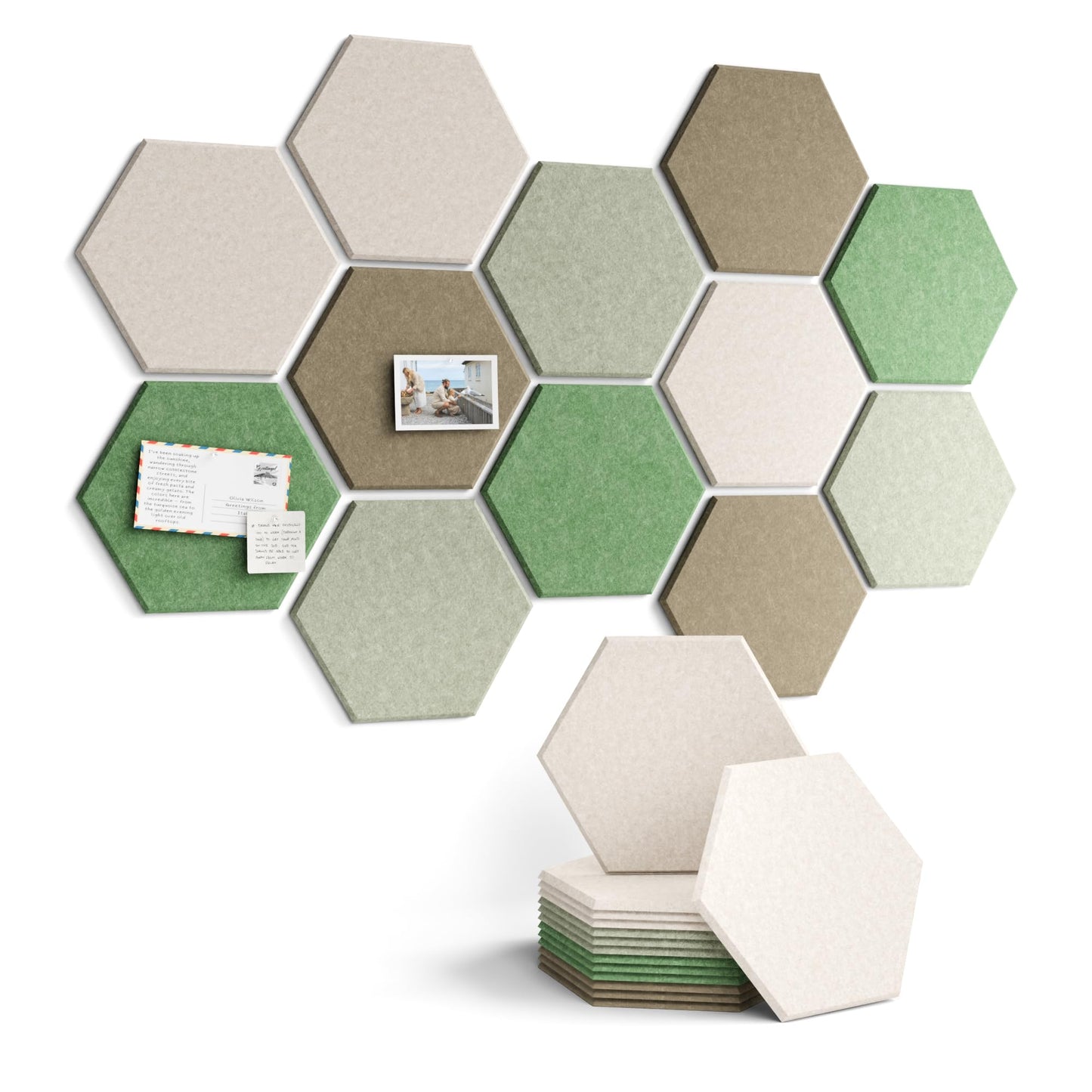 Fluxynara Hexagon Cork Board Alternative for Walls Decor-12-Pack Felt Bulletin Board Tiles,with 30 Pushpins,70 Adhesive Tabs for Office,Classrooms & Home Pin Board Felt Board-Moss Haven