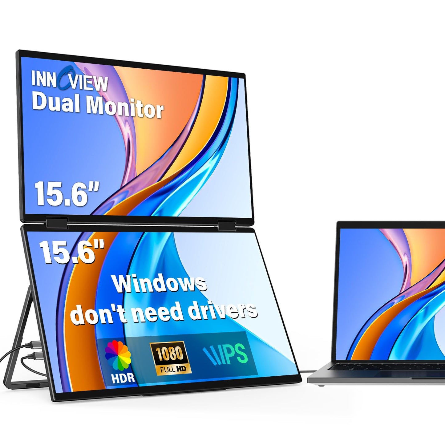 InnoView Portable Dual Monitor 15.6" 1920x1080 Dual Stacked Foldable Monitor | 315° Screen Adjustment | USB-C/HDMI Second Monitor for Laptop, Mac, Windows