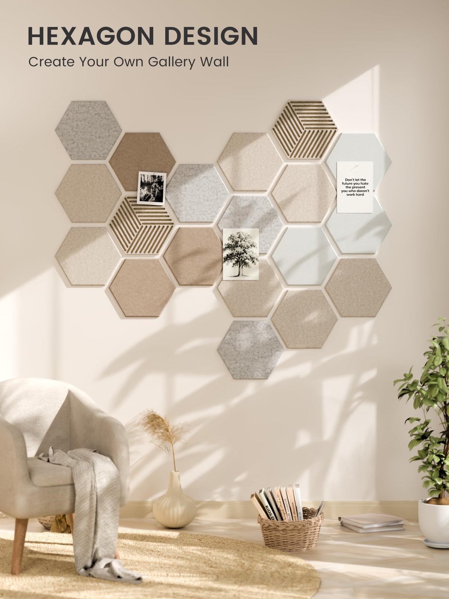 Fluxynara Hexagon Cork Board Alternative for Walls Decor-10-Pack Felt Bulletin Board Tiles,with 30 Pushpins,50 Adhesive Tabs for Office,Classrooms & Home Pin Board Felt Board-Stone Beige