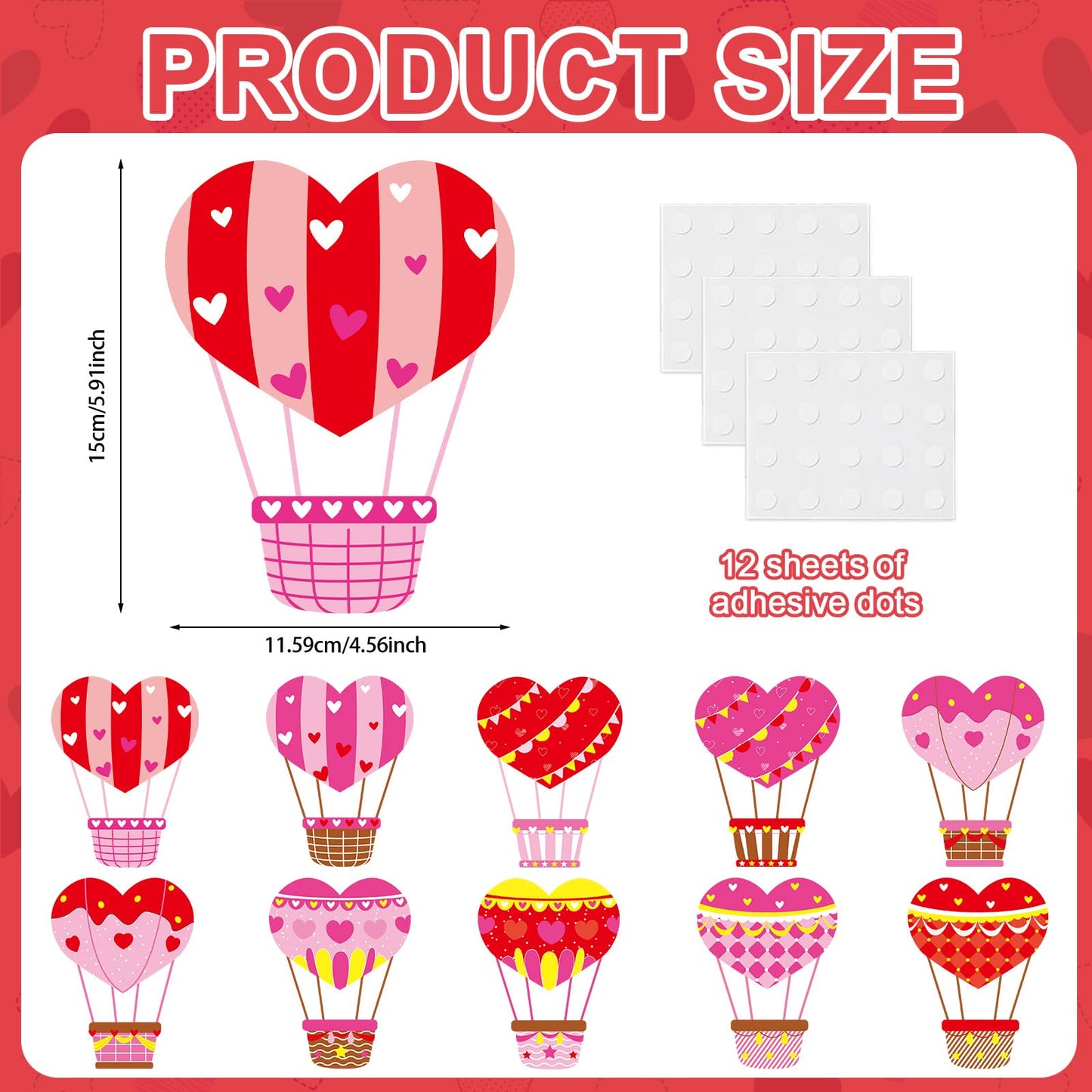 60pcs Valentine's Day Theme DIY Cutouts Hot Air Balloon Bulletin Board Decoration Set Heart Shape Balloon Paper Cut-Outs Decor for Valentines Classroom DIY Photo Craft Party School Wall Door Supplies