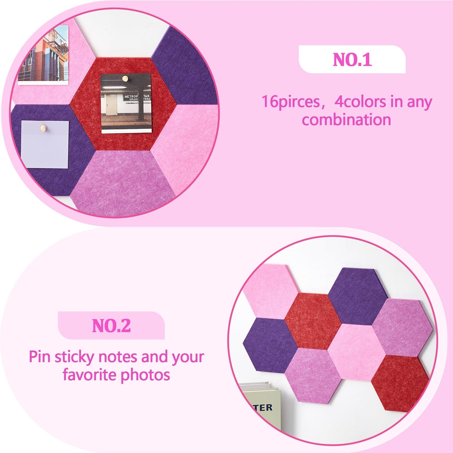 Mindsoft 16 Pcs Hexagon Cork Board for Walls with 50 Wooden Push Pins 6.7 x 5.9 in Felt DIY Tiles Notice with Nano Tape Hanging Bulletin Board for Home Photo Office Memo Note (Gradual Purple)