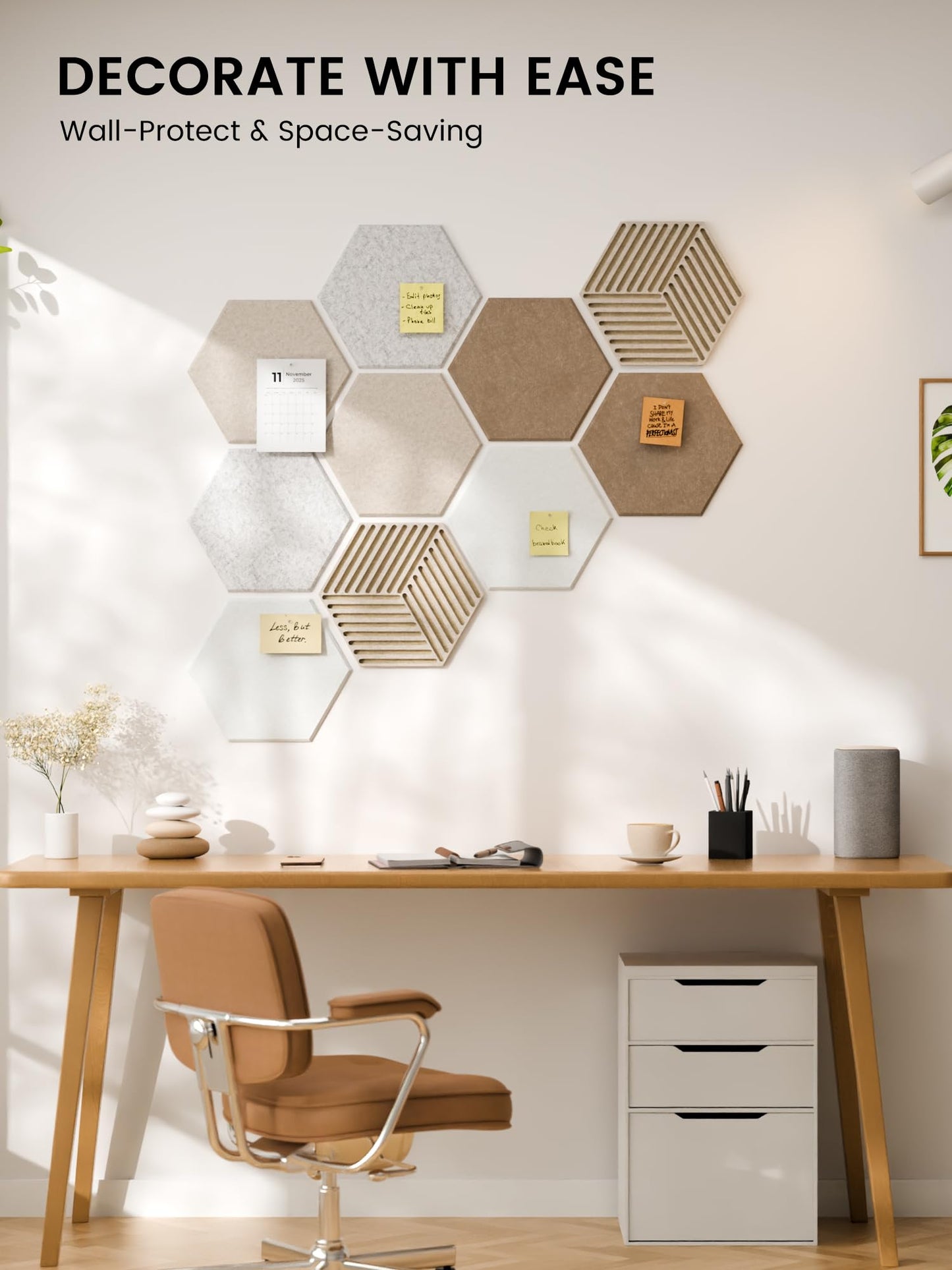 Fluxynara Hexagon Cork Board Alternative for Walls Decor-10-Pack Felt Bulletin Board Tiles,with 30 Pushpins,50 Adhesive Tabs for Office,Classrooms & Home Pin Board Felt Board-Stone Beige