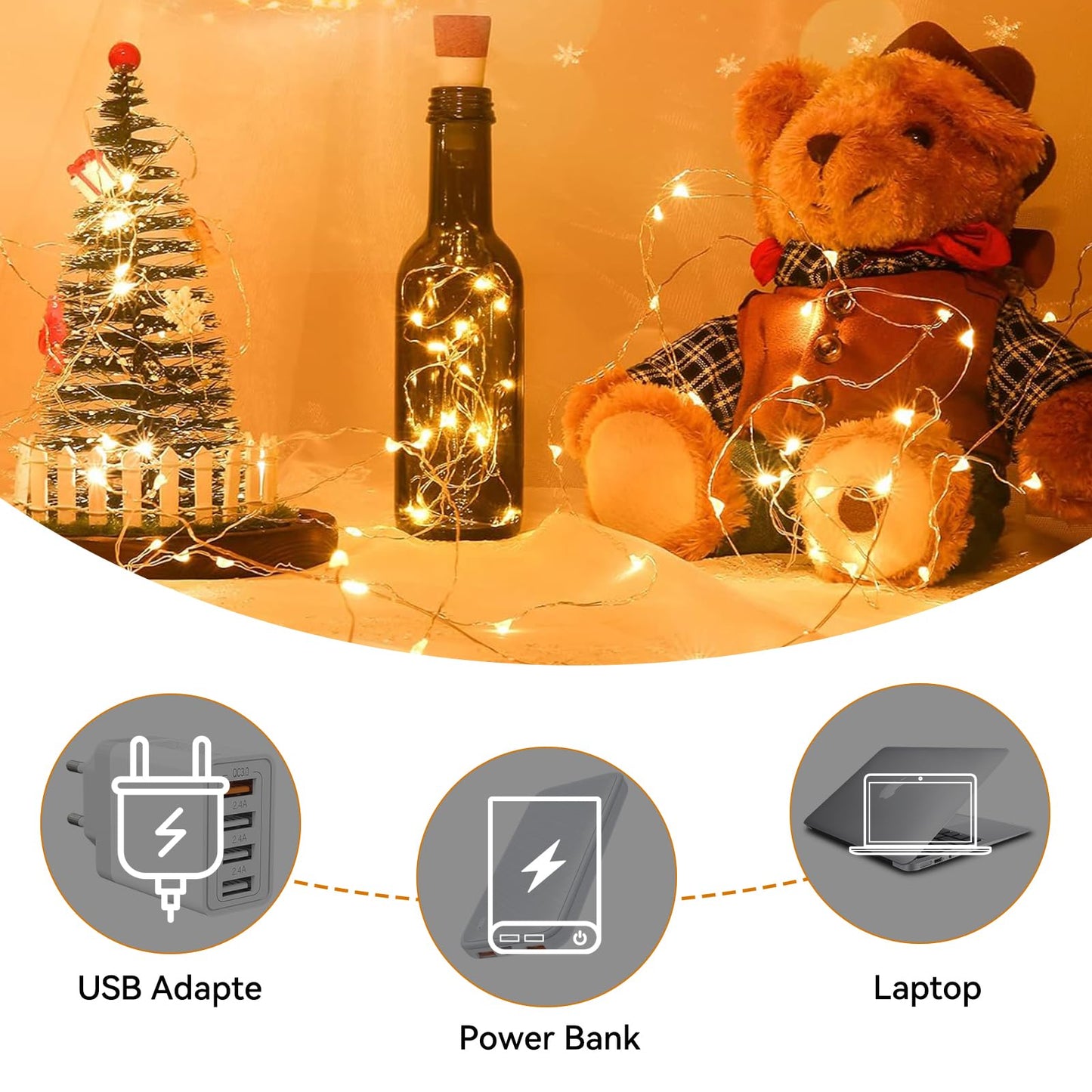 Ceepko USB Bottle Lights, Rechargeable Cork LED String Lights, 20 LEDs, 2 Pack, Cool White, Model: BOTTLE_LIGHT001
