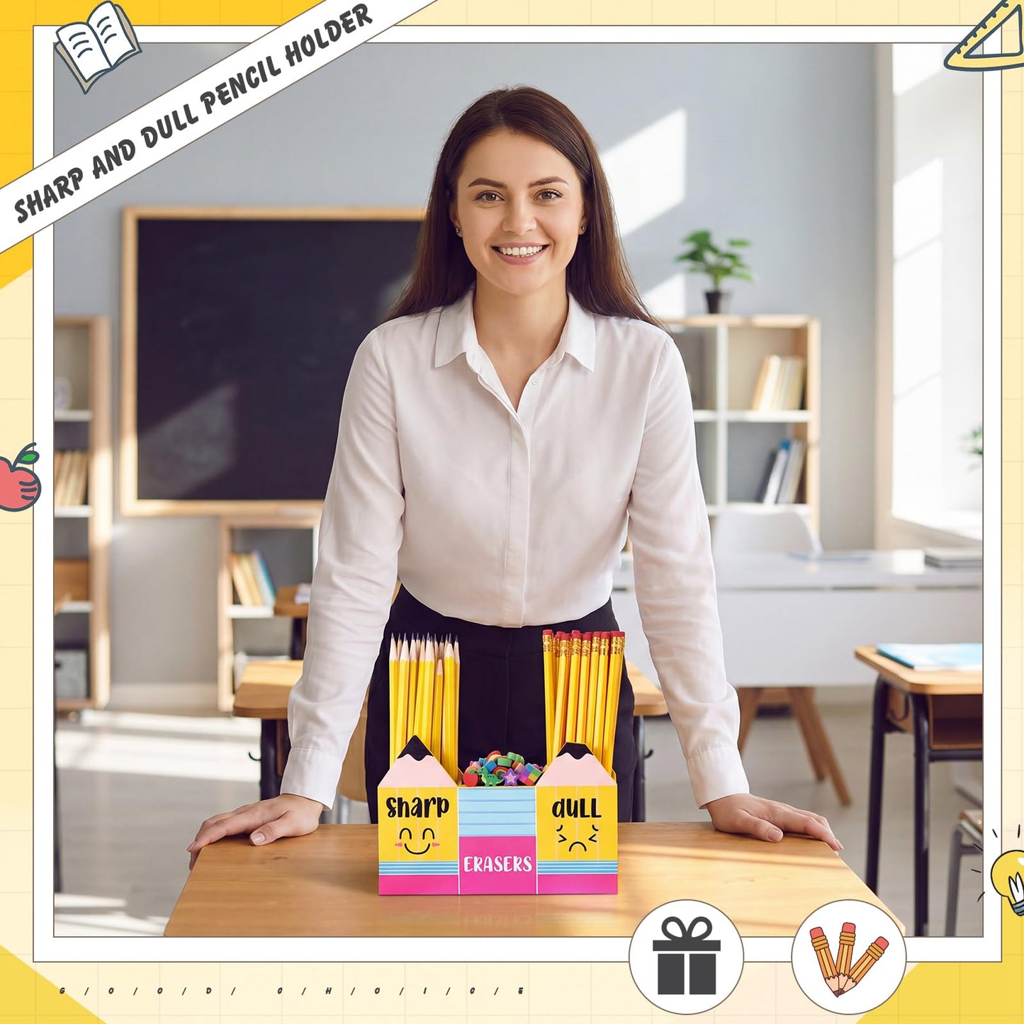 Eaasty Pencil Shaped and Sharp Dull Holder Eraser Wooden Dispenser Pencil Storage 3 Compartments for Back to School Teachers Classroom Organization(1 Pack,Yellow Face)