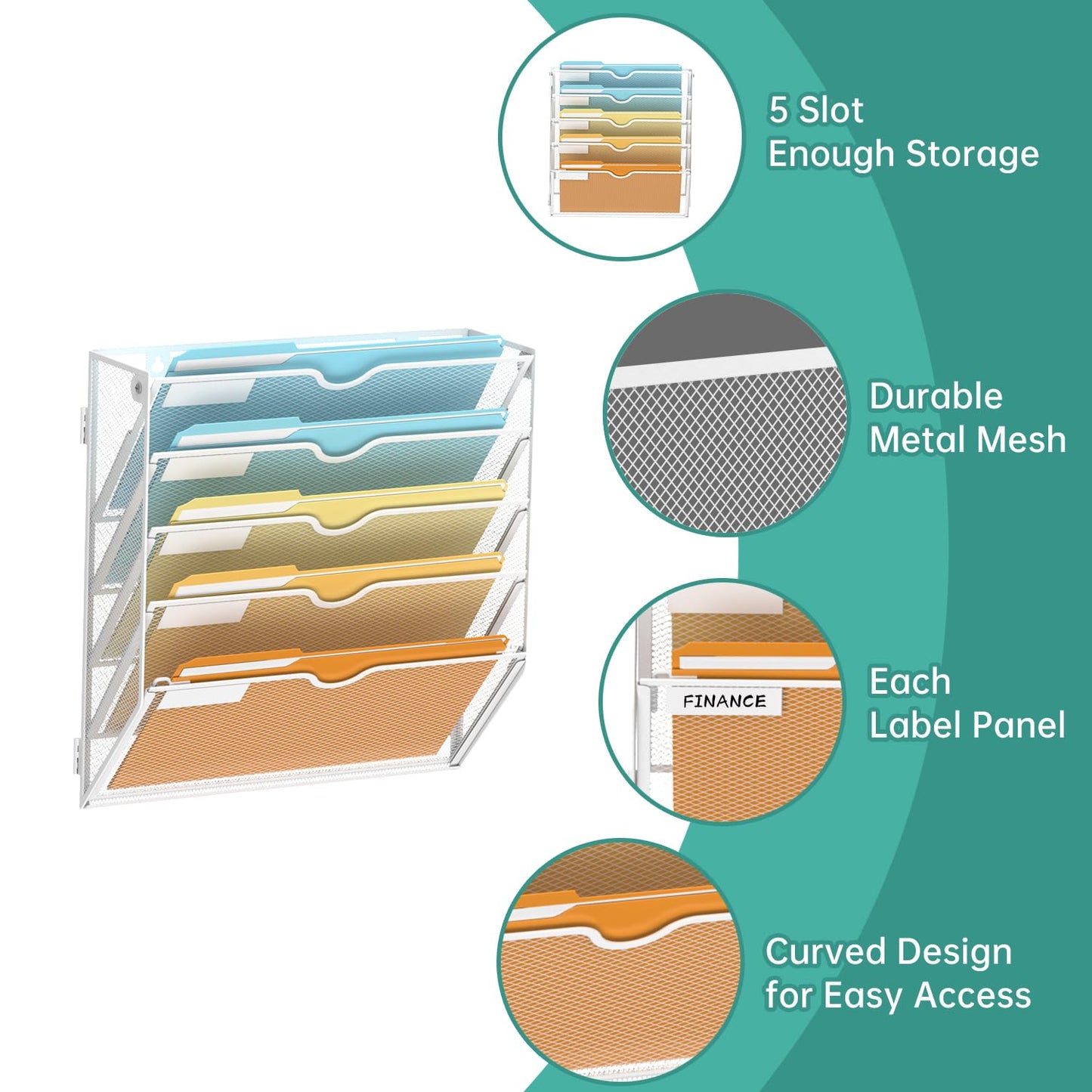 SUPEASY 5 Tier Wall File Organizer, Hanging Wall Mounted Mail Organizer with Label Slots, Metal Mesh File Holder Magazine Rack for Office, Home, School or Classroom, White