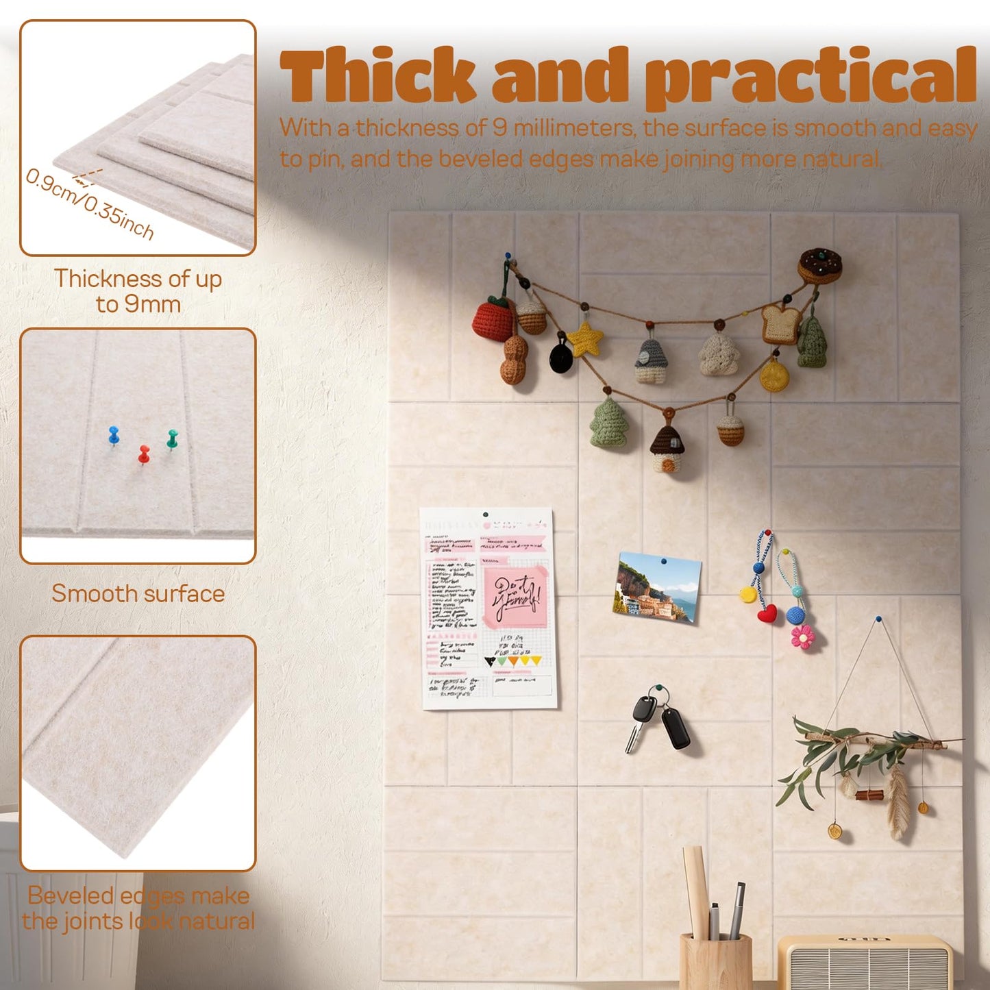 12 Pack Felt Bulletin Board Tiles - Modular Wall Panels (9.45"x9.45" Each), 0.35" Extra Thick Cork Board Alternative with Adhesive Tabs & Push Pins for Office Decor (Light Camel)