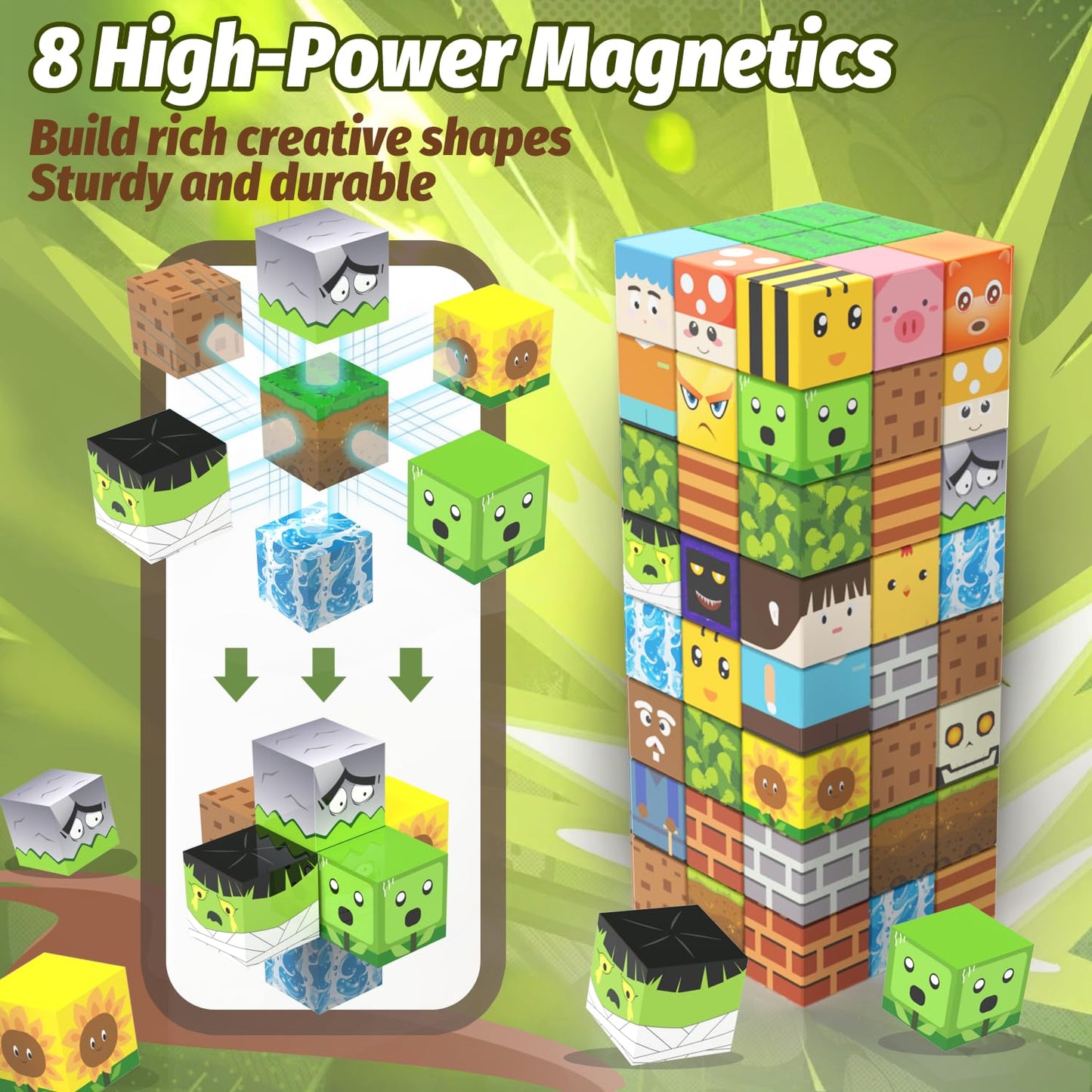 CEMECER Magnetic Blocks, 100PCS 1in Zombie Magnetic Building Blocks Toy for Kids Build Cubes, Stacking Magnetic Tiles, Sensory Montessori Construction Game Toys, Boys Girls Christmas Birthday Gifts.