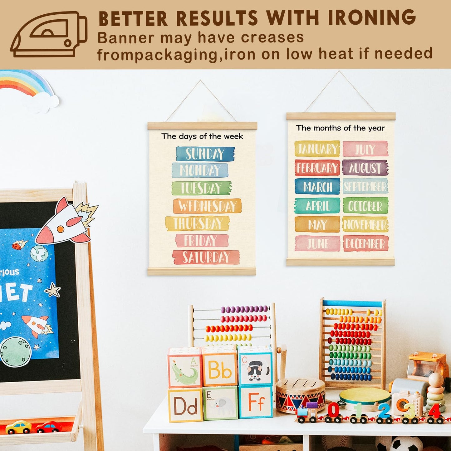 Lacama Week Month Decor Poster Hanger Frame Set of 2, Educational Posters,Preschool Wall Art with Wooden Frames, Boho Classroom Wall Hanging Banner Decor for Toddlers Room Playroom, 12x16 Inch