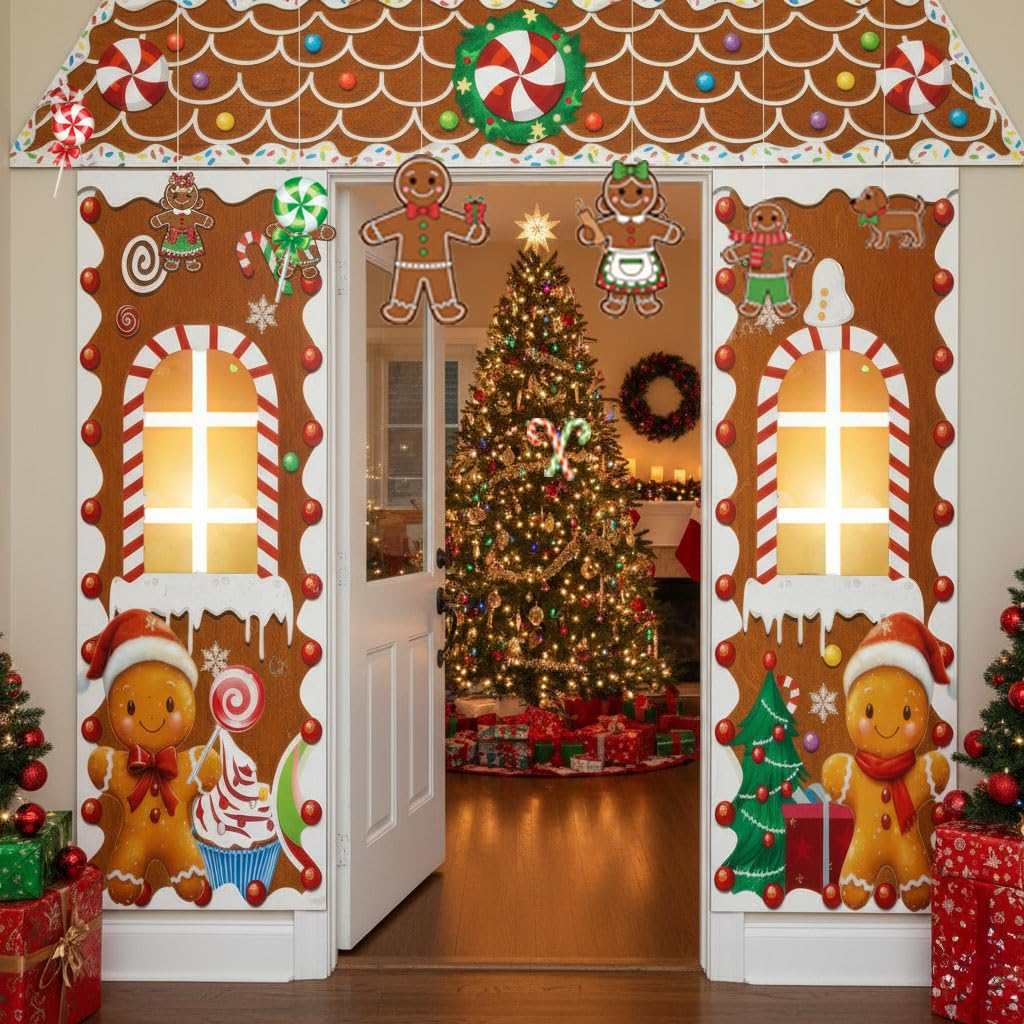 Christmas Gingerbread Door with lights Cardboard Cover Decorations,Gingerbread House Candy Porch Banner Sign for Xmas Holiday Classroom Office Home Party Decor