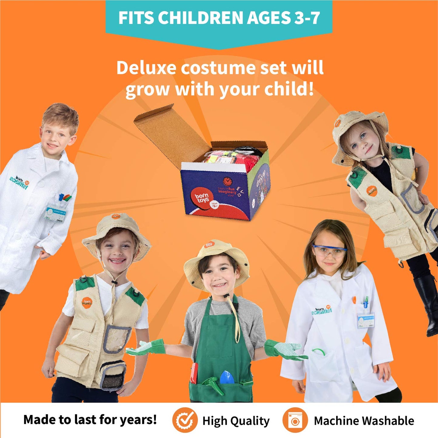 Born Toys 3-in-1 Toddler Dress Up Clothes for Boys & Girls Ages 3-7, Scientist, Gardener, Explorer or Safari Outfit, Pretend Play Outdoor Adventure Set, Washable Costumes for Kids, STEM Gift Ready Set