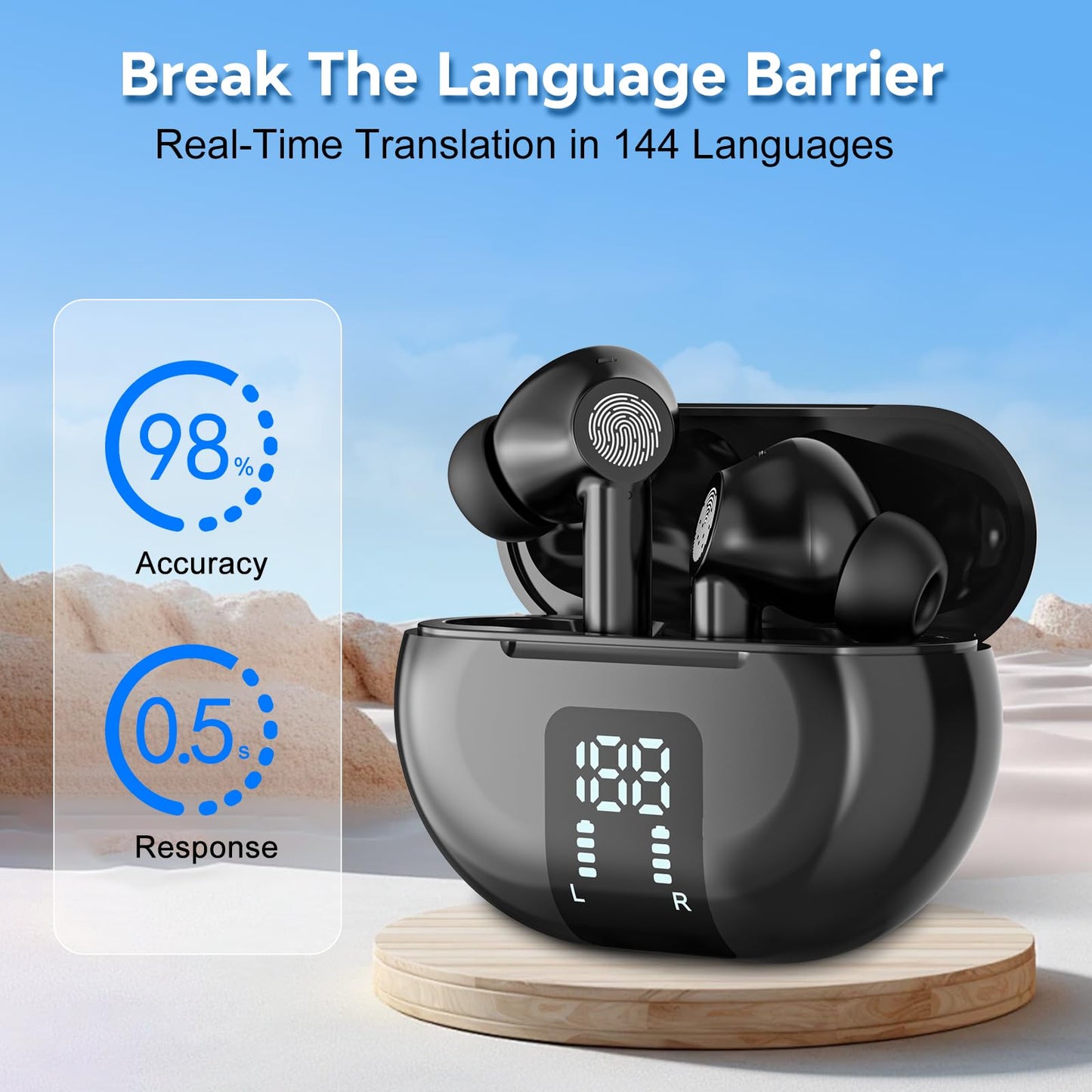 HTPREC Translation Earbuds,Real Time Noise Cancelling Wireless Earbuds,138 Translation Languages Bluetooth Headphones,Fast Reaction Translation Device (Black)