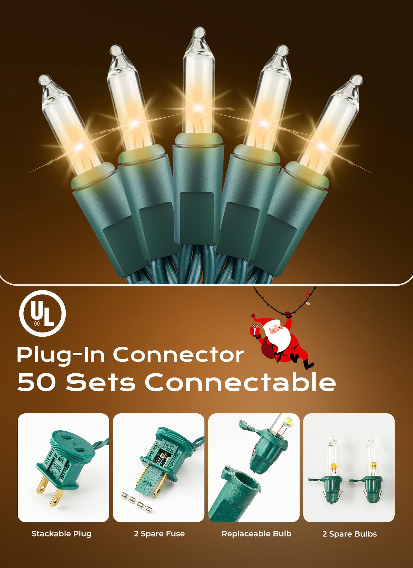 Minetom LED Christmas String Lights, 100 Count, 33 ft, Clear Warm White, Indoor/Outdoor Holiday Decorations