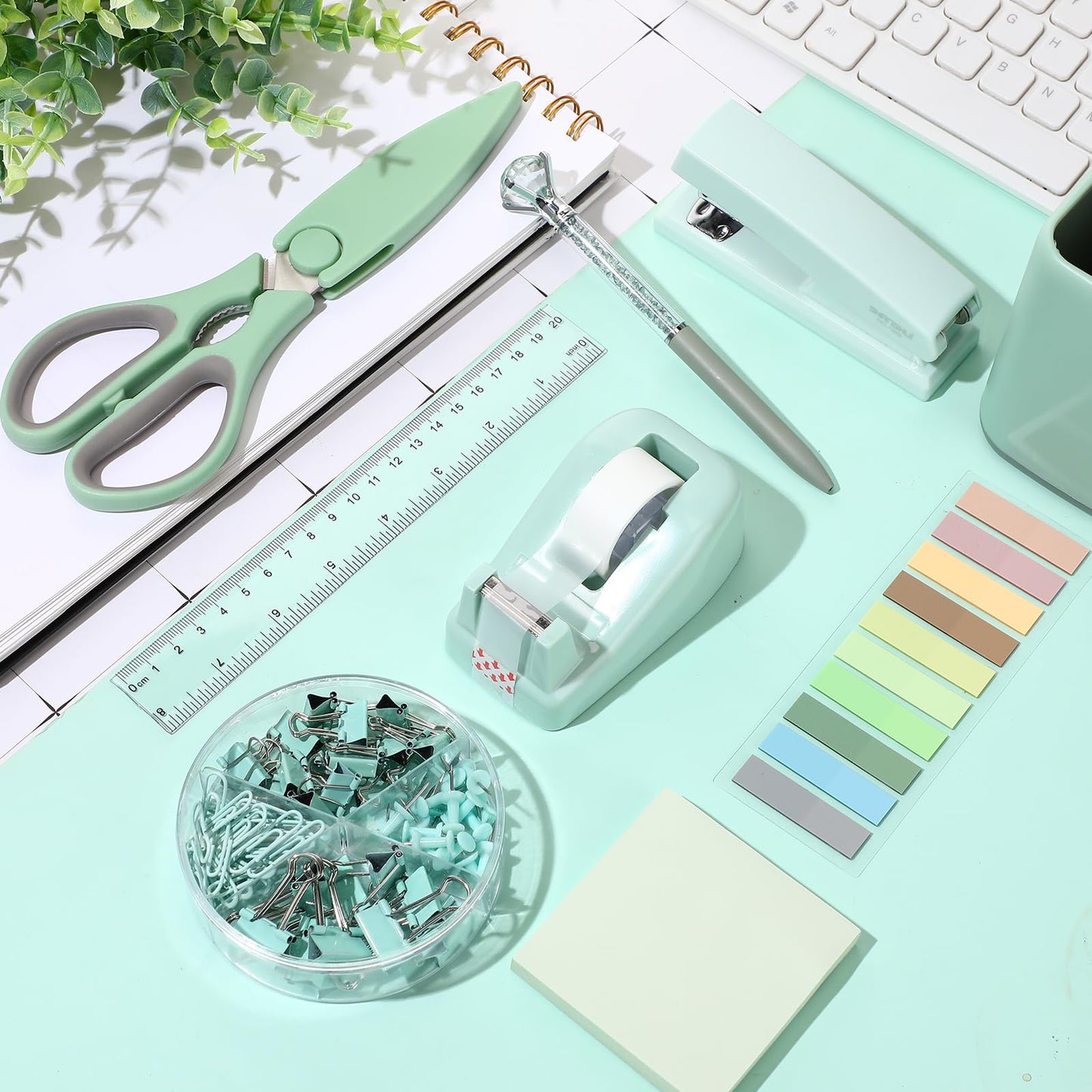 Marspark 12 Pcs Sage Green Office Supplies Desk Accessories Set Pen Holder Tape Dispenser Stapler Staple Remover Staples Tape Ruler Scissor Pen Sticky Note Index Tab Clips Set for Office School Home